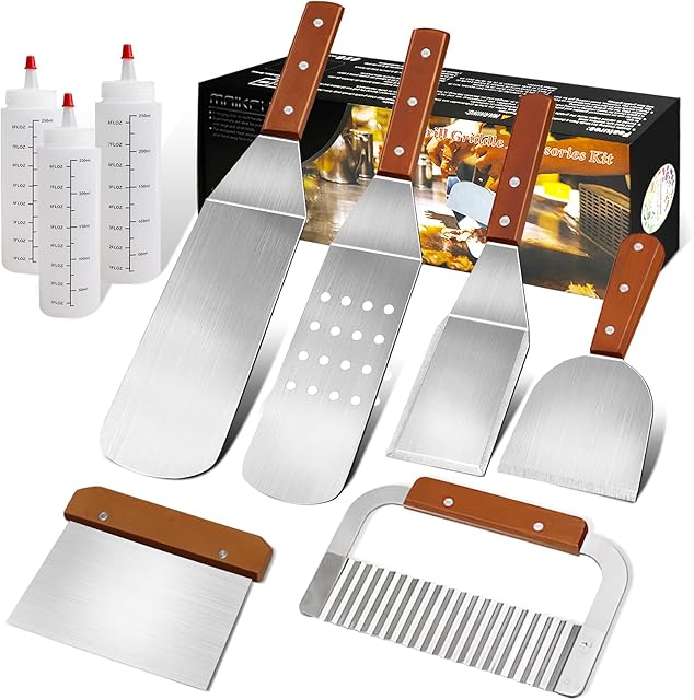 MAIKEHIGH Grill Griddle Accessories Kit - 9Pcs Professional Heavy Duty Stainless Steel Griddle Spatula & Scraper BBQ Tool Set Barbecue Grilling Utensils for Flat Top Cooking Tailgating