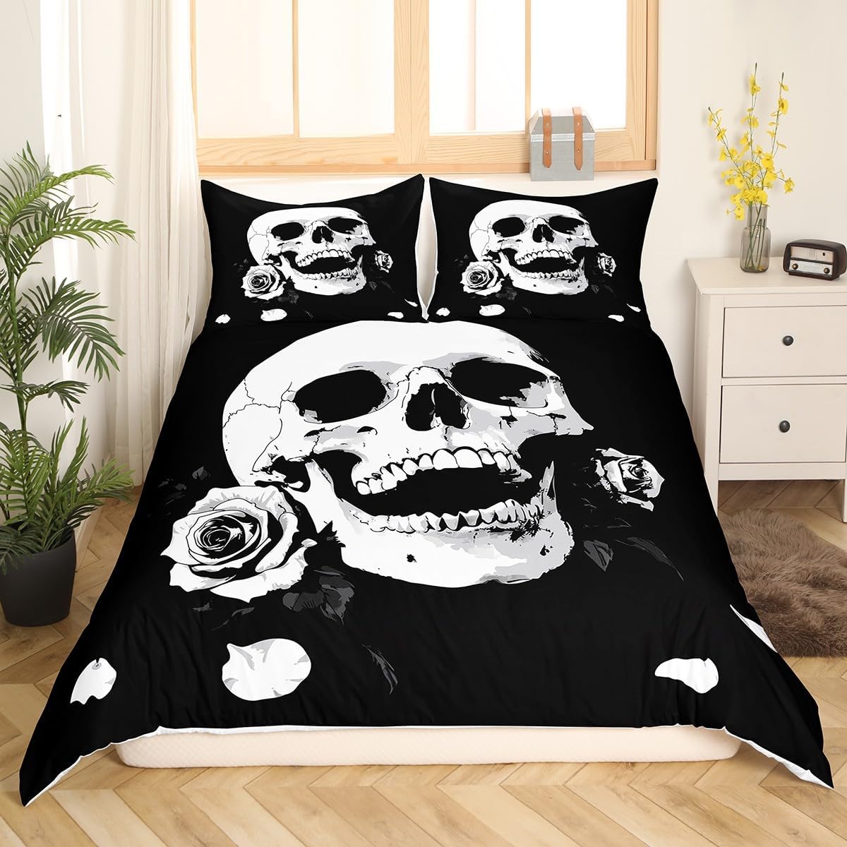 Skull Gothic Duvet Cover Set Toddler Size White Sugar Skeleton Bedding Set for Kids Girls Boys Teens Modern Fashion Simple Comforter Cover Rose Flower Print Quilt Cover,1 Pillowcase(No Comforter)