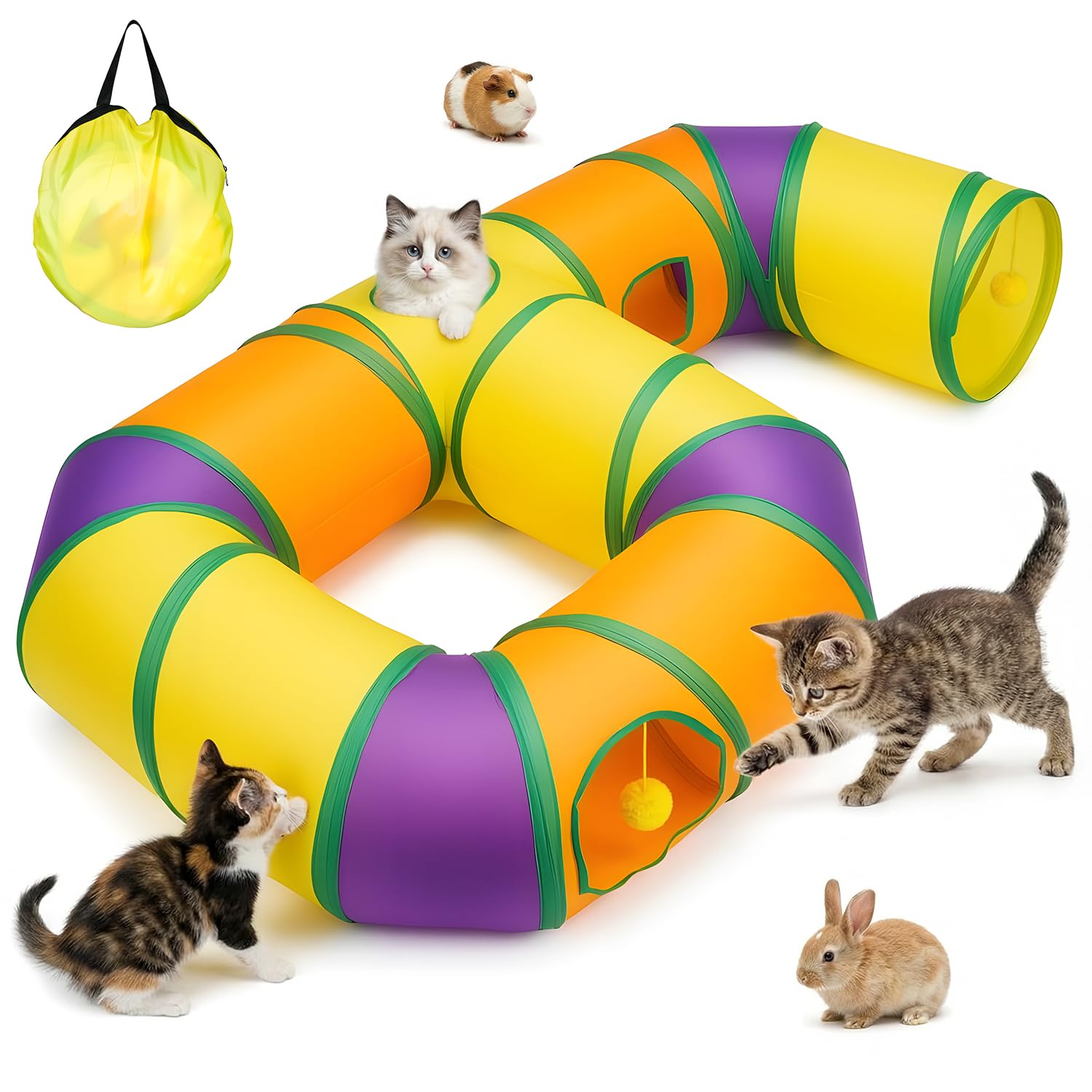 Tunnel per gatti da interno a forma di 6, casetta tunnel per gatti pieghevole tubo con pompon pendenti e foro interattivo per gattini, cuccioli, conigli, furetti e porcellini d'India