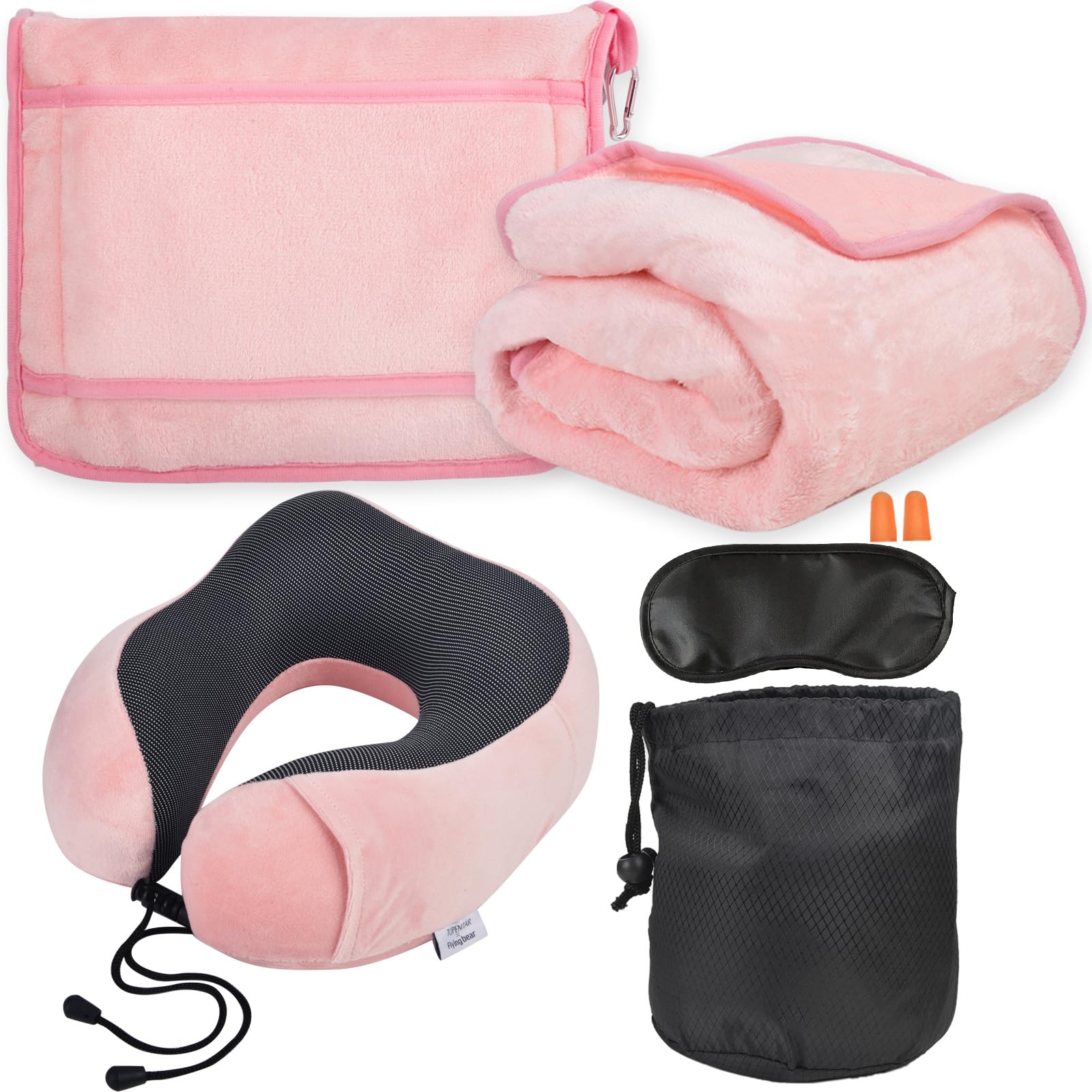 Travel Blanket and Pillow Set - Travel Neck Pillow & Blanket for Airplane, Thick Fleece Blankets Campact with Bag, Memory Foam Neck Pillows, Sleep Mask, Earplugs for Plane Traveling Essentials, Pink