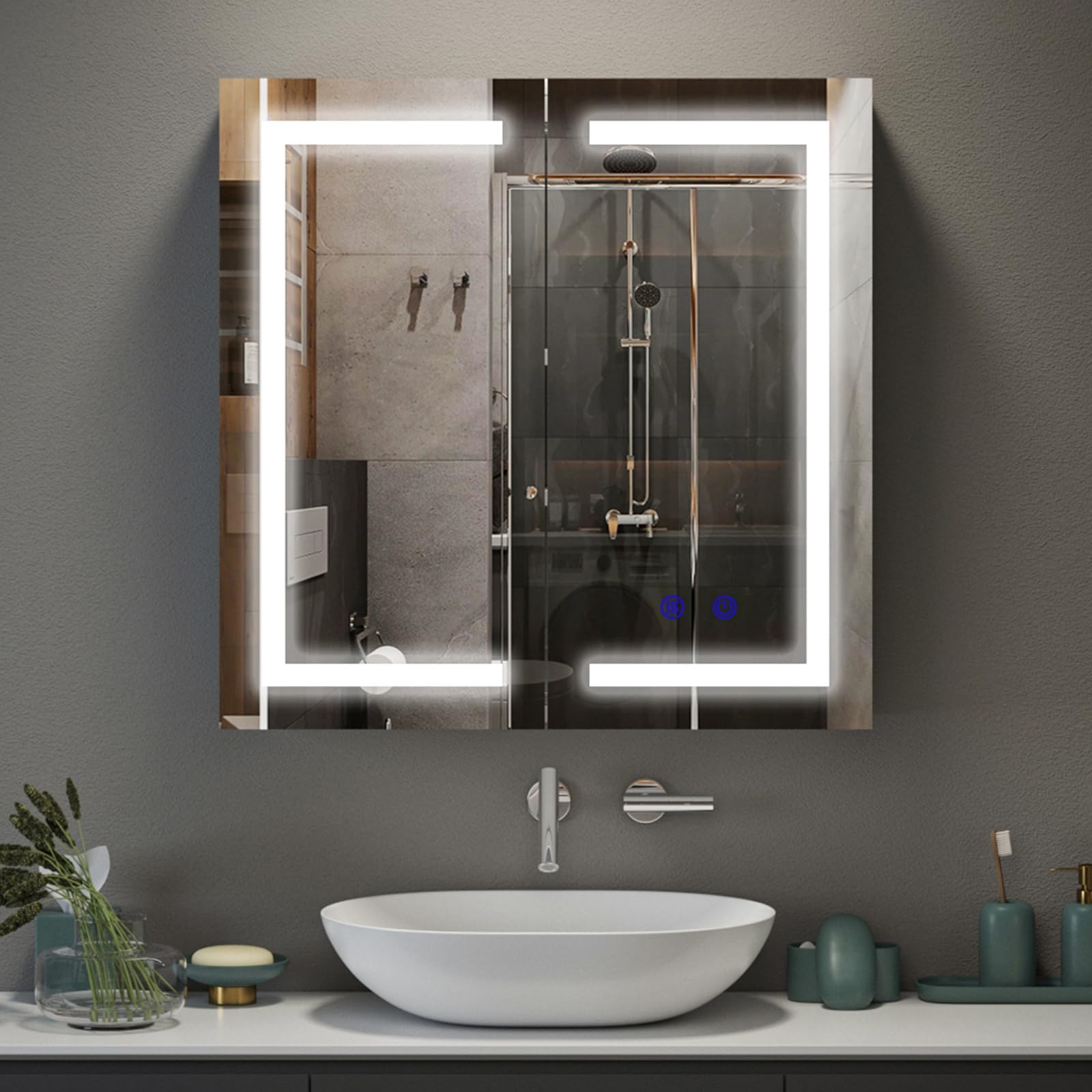 Bathroom Mirror Cabinet with LED Lights, Touch Control, 3 Colour Dimmable Illuminated Mirror, Demister Pad & Shaver Socket (60L x 60W cm)