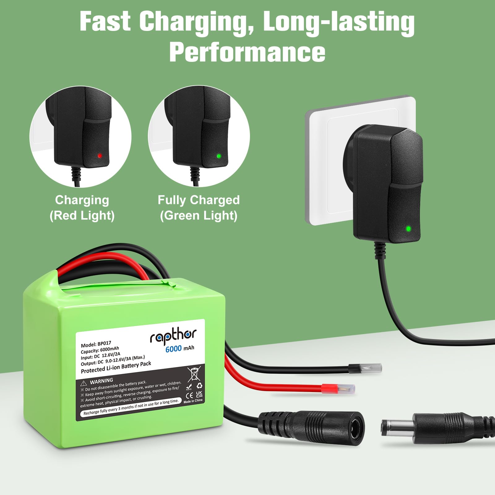 Rapthor Batteria di ricarica da 6000 mAh, 12 V DC, per batteria agli ioni di litio, con caricatore da 6 Ah e spina DC5521 per router, telecamere CCTV, strisce LED, veicoli RC, strumenti fai da te e