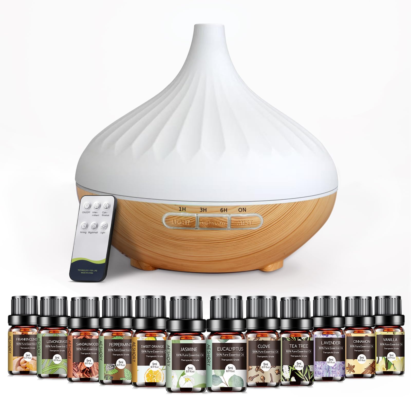 AESHORY 500ml Aroma Diffuser Mit 12 x 5ml Ätherische Öle, Ultraschall Aromatherapie Diffuser Luftbefeuchter, 7 Farbigem LED Licht, 4 Timer, Fernbedienung