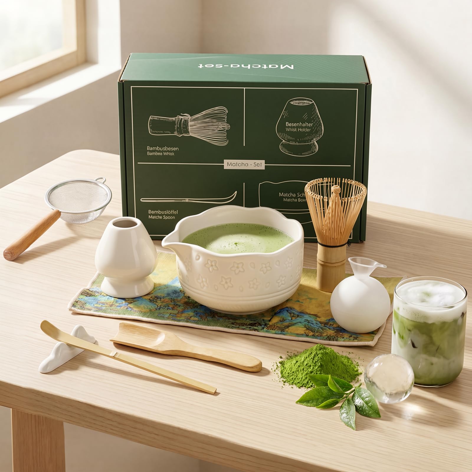 Matcha Set, 9er Macha Tea Set - Kirschblüten Matcha Schale, Chasen, Chashaku, Keramik-Besenhalter, Pulversieb, Teetuch, Japanisches Matcha Tee Set Matcha Starter Set, Eis Matcha Latte, Beige