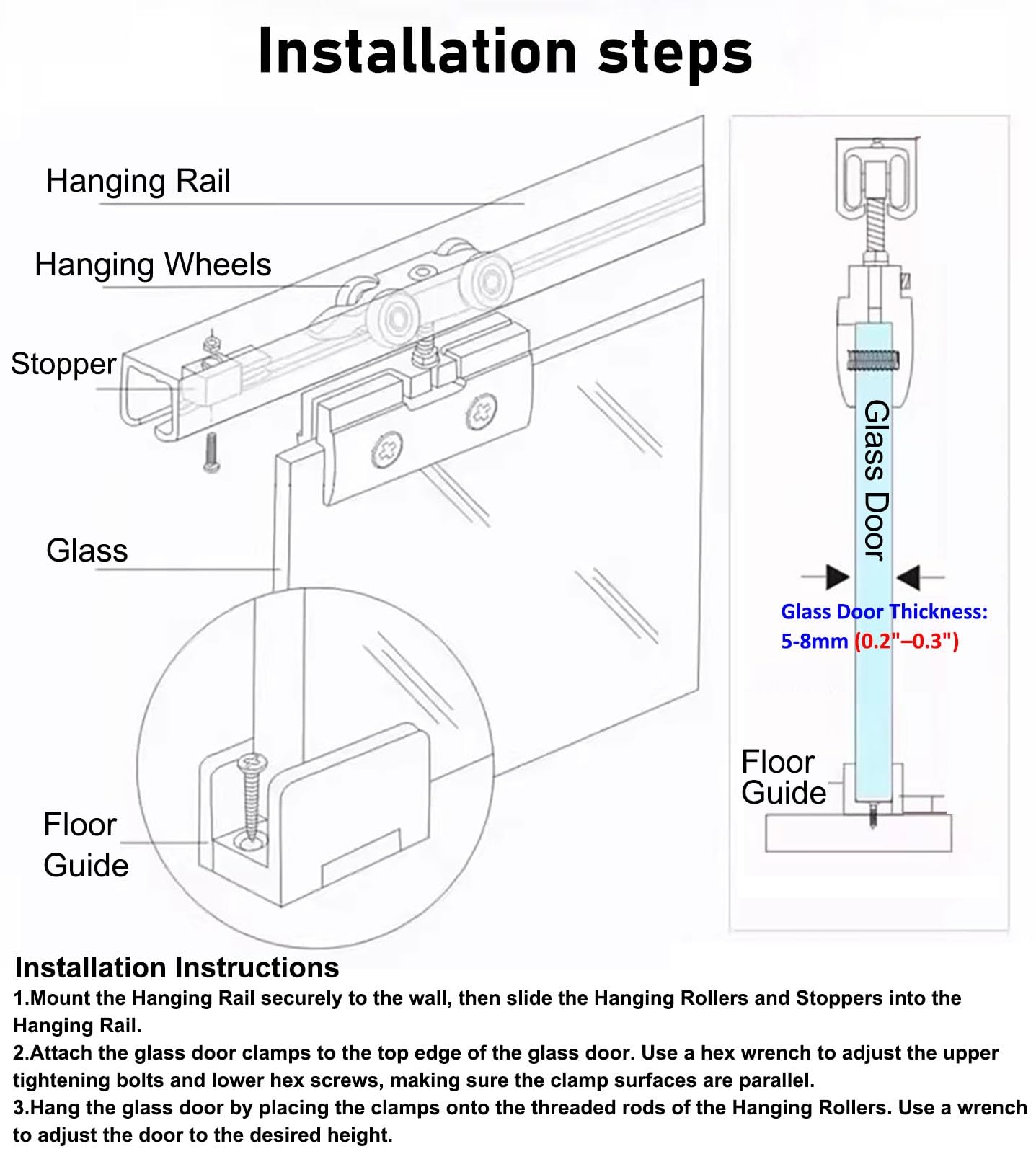 Herrajes para puerta corrediza de vidrio doble, sistema de riel resistente para vidrio sin marco, instalación silenciosa de puerta de granero de bolsillo