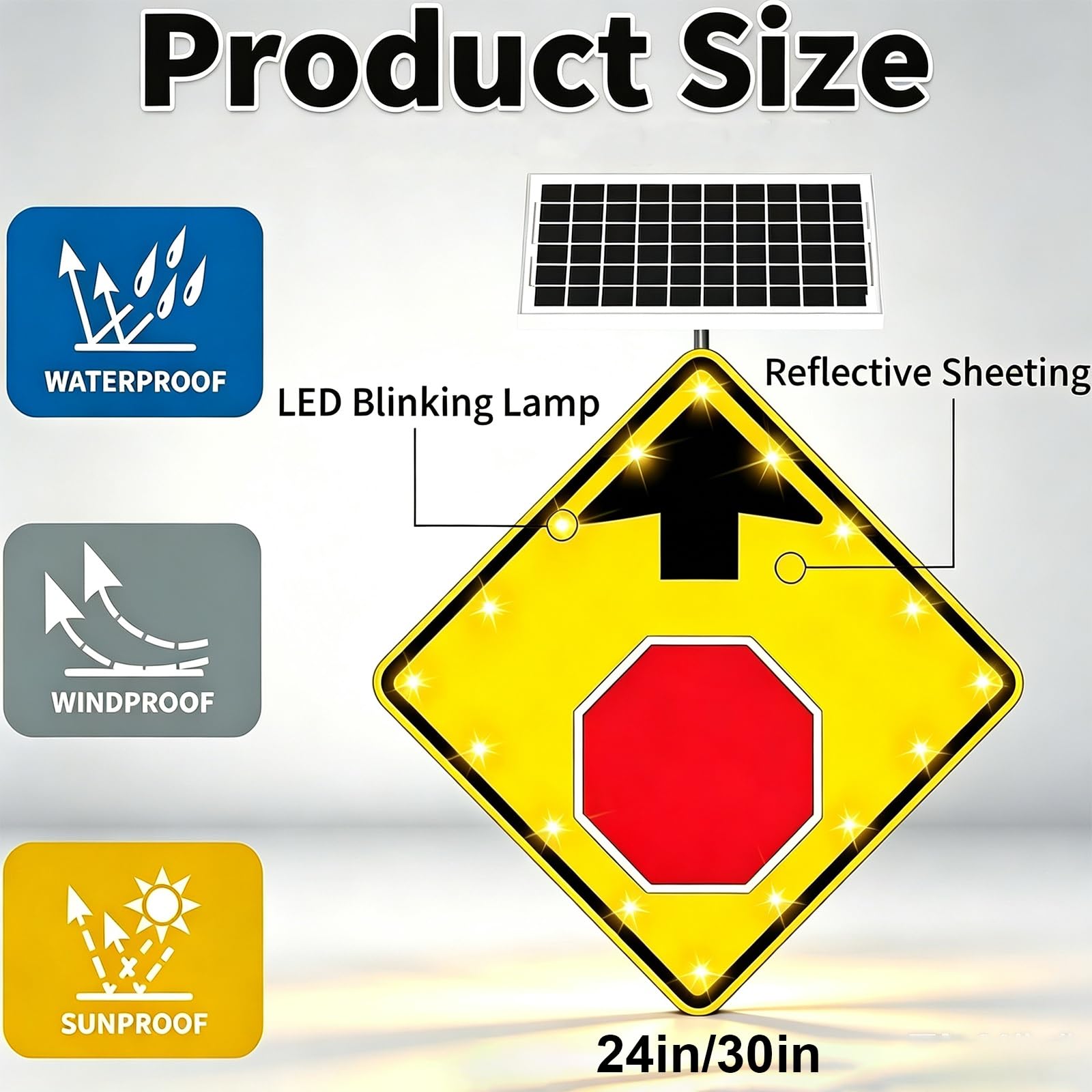 Señal De Advertencia Solar LED Intermitente "Pare Más Adelante" De 24/30 Pulgadas; Aluminio Reflectante (norma W3-1); Resistente Al Agua (IP65) Y A La Corrosión; Uso En Exteriores.(24in)