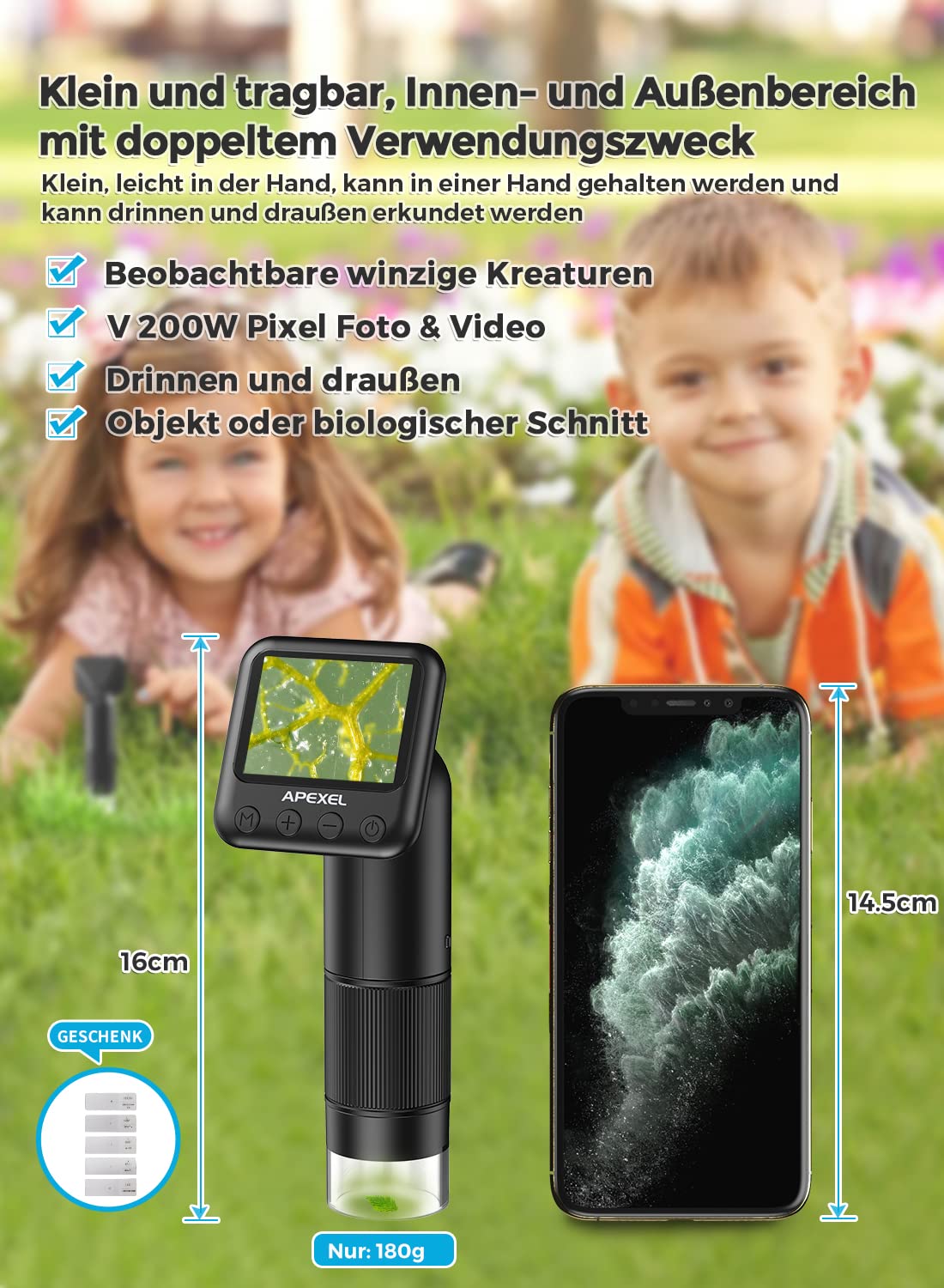 APEXEL Taschenmikroskop, Mikroskop Handy mit Folien, 800-faches Digital Microscope
