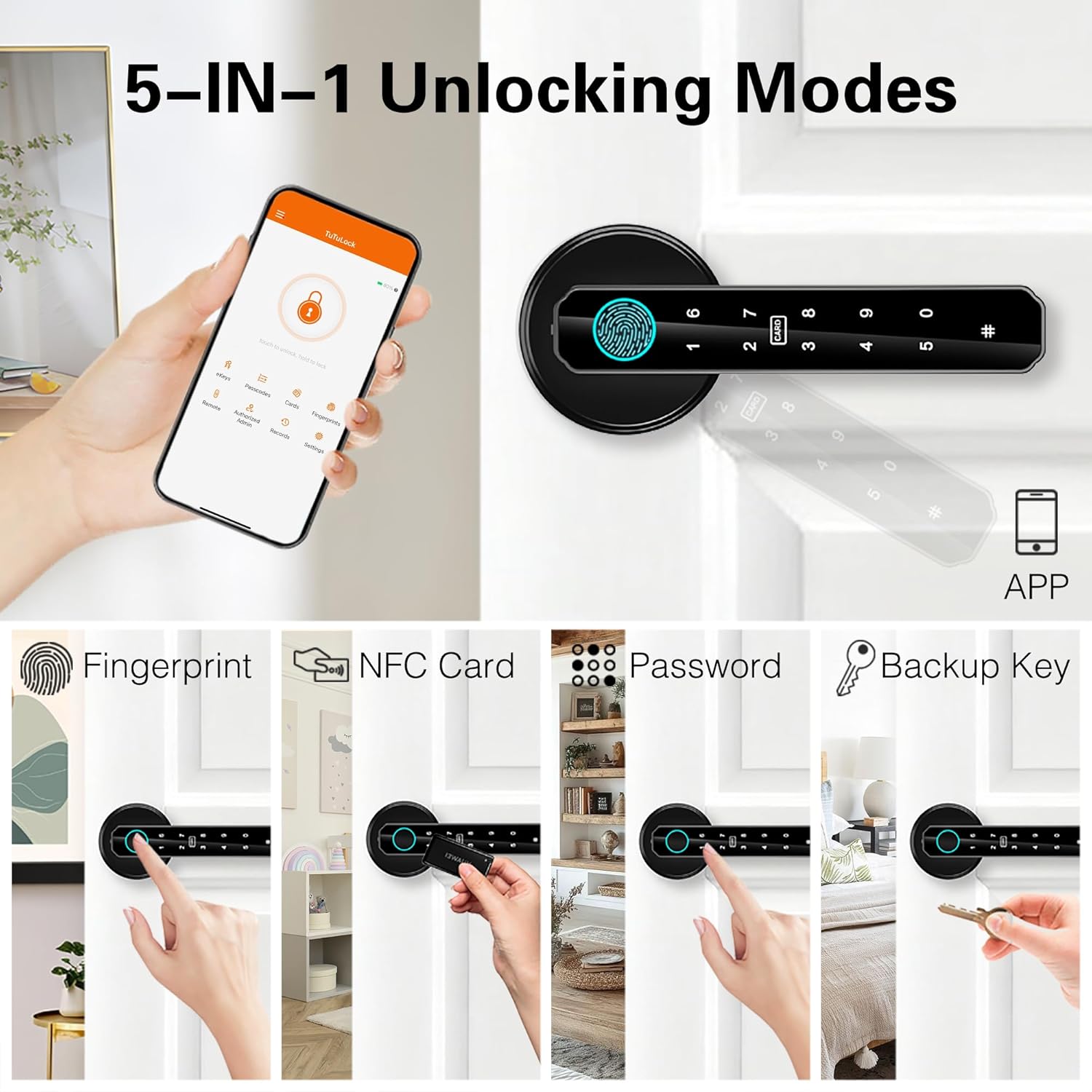 Fingerprint Door Lock, 5 in 1 Smart Door Knob with Passcode Keypad keyless Entry with Handle, Auto-Lock, Biometric Door Locks for Bedrooms, Office, Apartment (Black, APP)