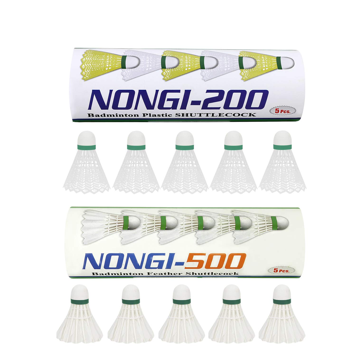 NONGI Plastic and Feather Shuttle Corks Combo Pack of 10 Shuttlecocks - 500 (5 White Feather Shuttle), 200 (5 White Plastic Shuttle) for Outdoor and Indoor Sports