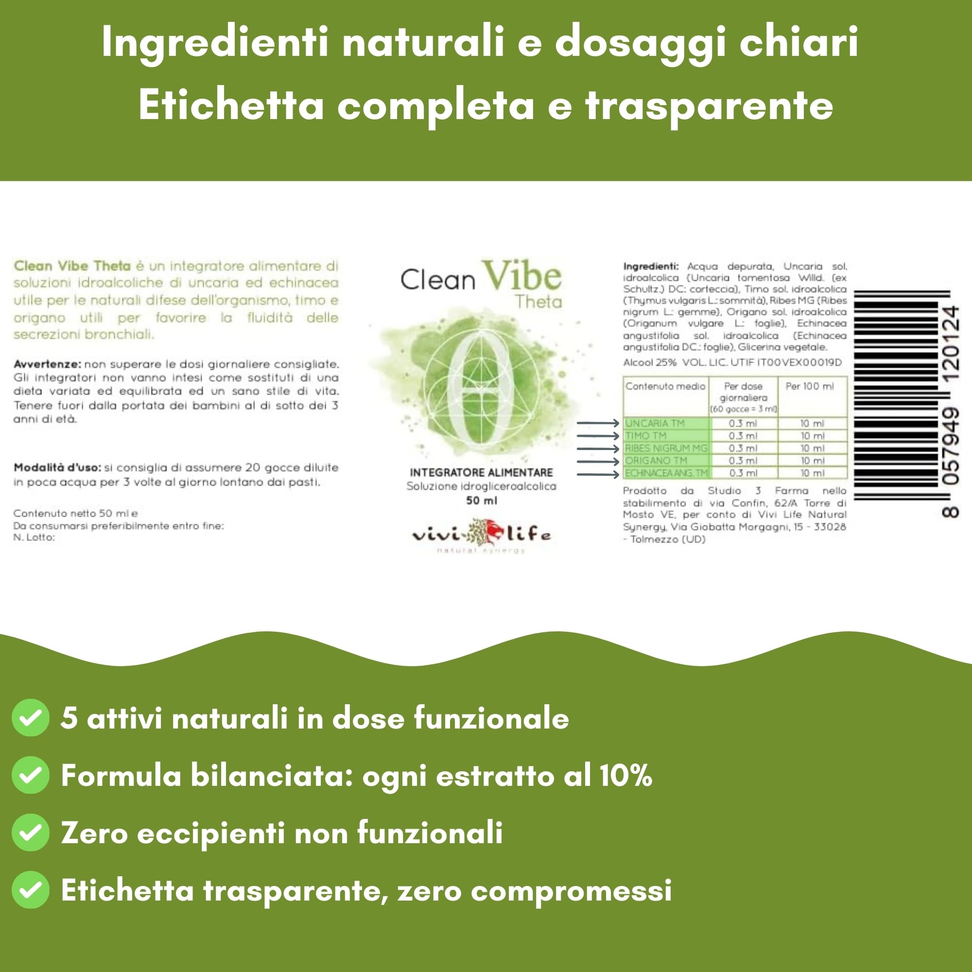 Clean Vibe Theta 50 ml, Integratore Naturale per Rinforzare le Difese Immunitarie con Uncaria, Timo, Origano, Ribes ed Echinacea, Made in Italy