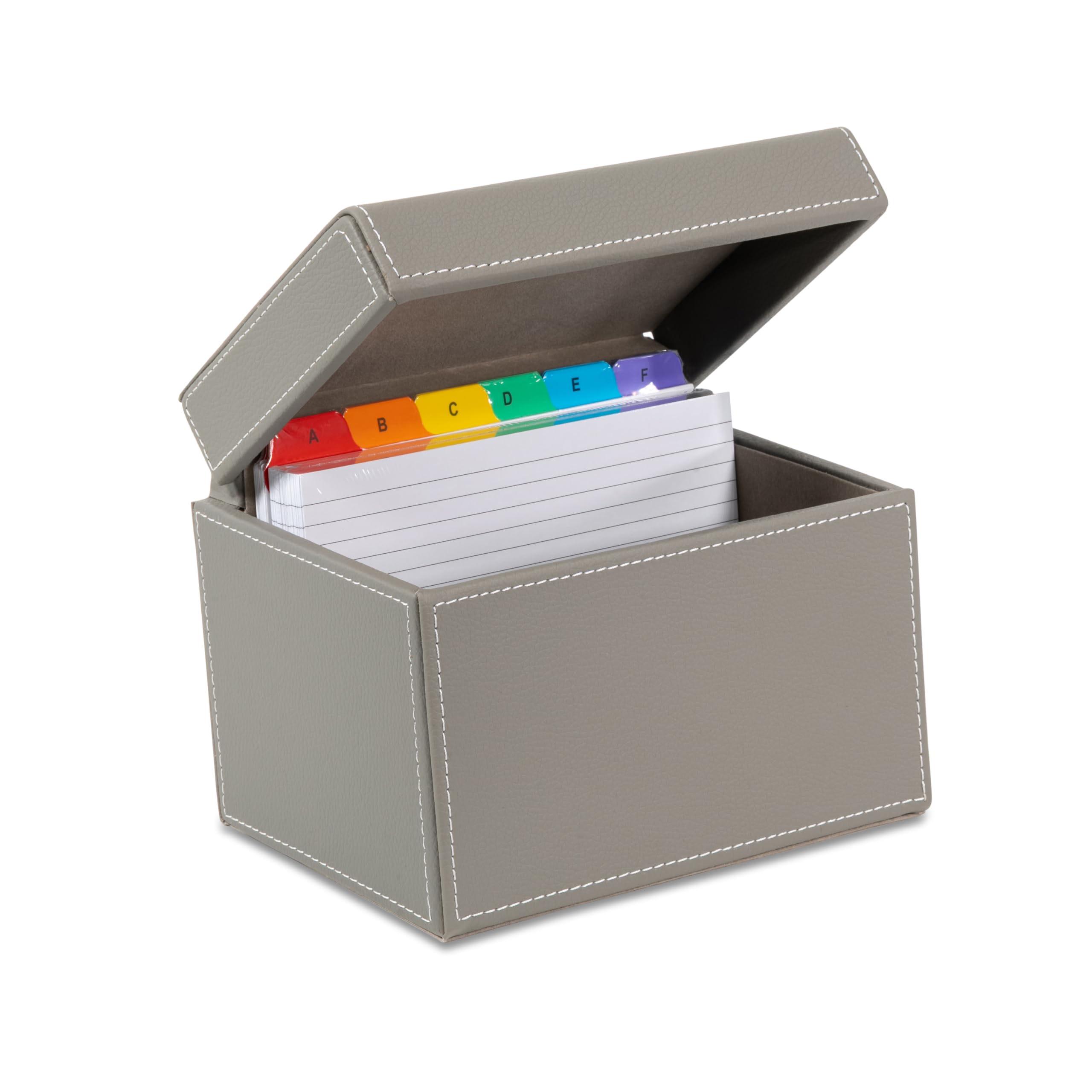 OSCO Grey Faux Leather Index Box, A to Z Divider Tabs, 100 Lined Note Cards, Ruled Revision Flash Card, Recipe Notes, Office Contacts Filing, Desktop Organiser, Holds 6" × 4" Cards (148 × 105 mm)