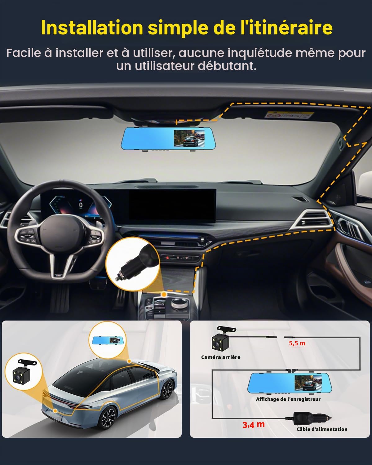 NHOPEEW Caméra embarquée 1080P avec écran 4,5 pouces, caméra avant et arrière, enregistrement en boucle, lignes de guidage pour le stationnement, vision nocturne, contrôle de l'exposition, carte 32 Go