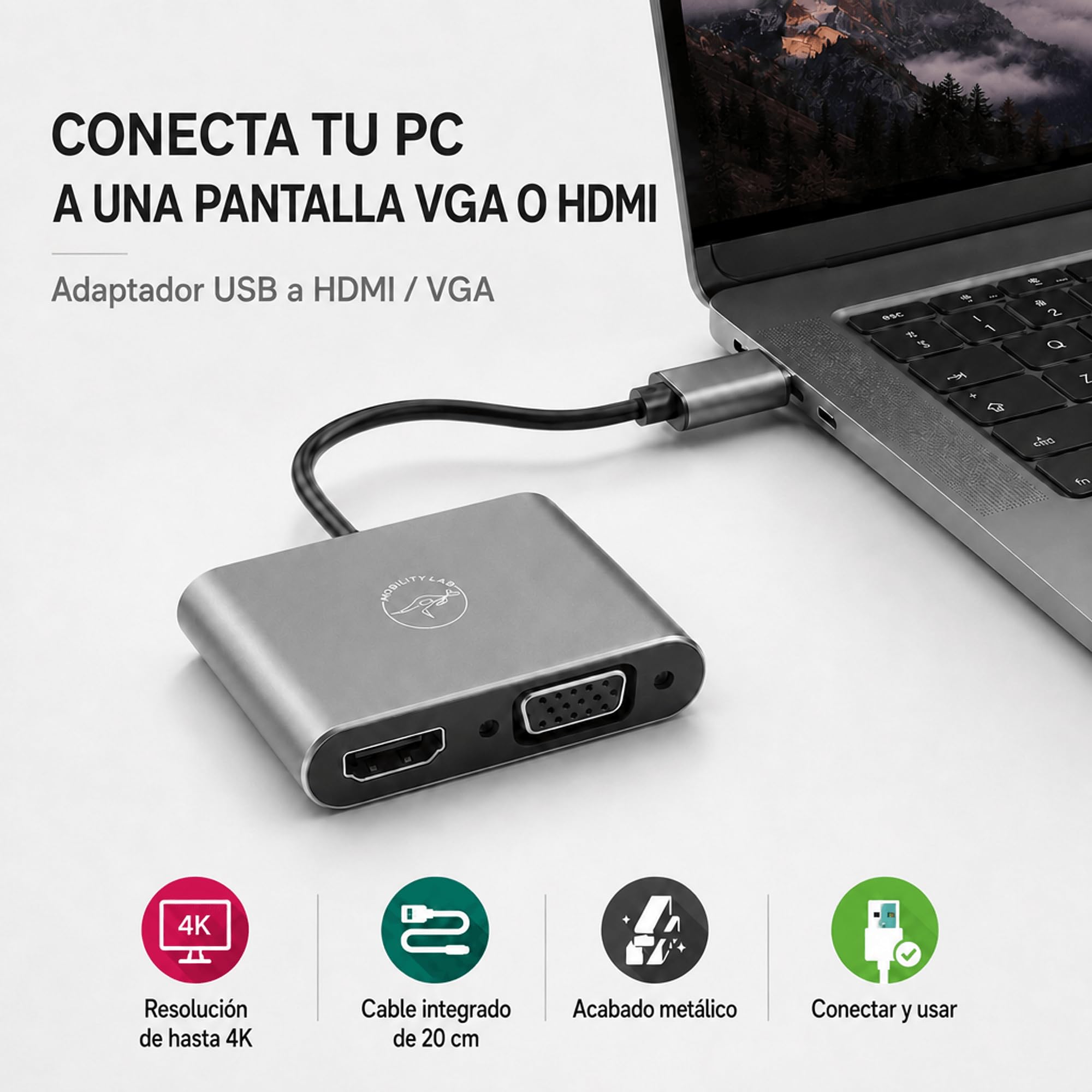Mobility Lab Adaptador USB 3.0 a HDMI y VGA - Conexión de Alta Resolución 1920 x 1080p para macOS y - Ideal para Presentaciones, Juegos, Películas - Plug & Play - Sin Necesidad de Software