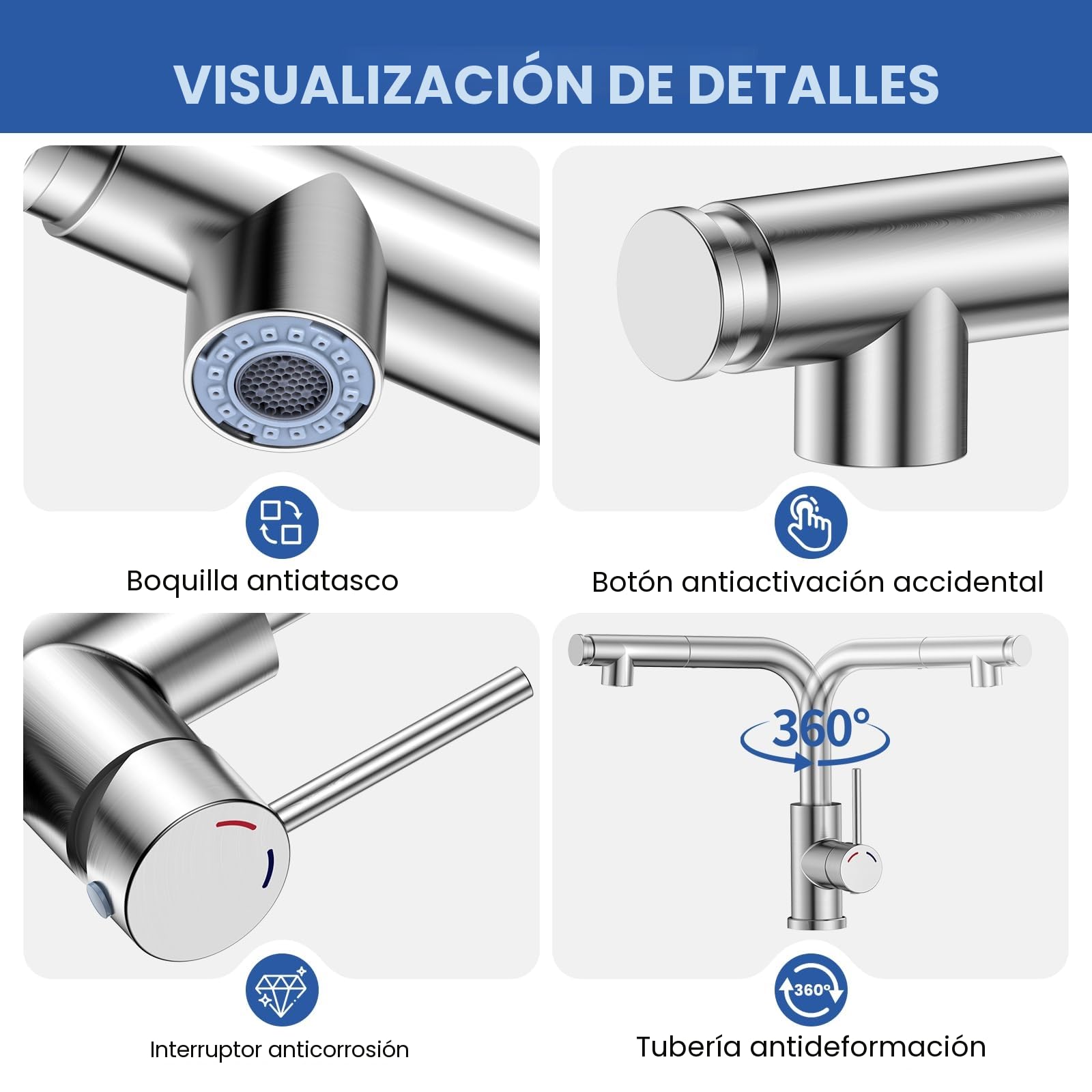 Grifo Fregadero Cocina Extraible, Altura 27.3cm, Ducha de 2 Modos,Flexible,360° Acero Inoxidable Torneira Cozinha L Monomando para 1 Orificio, Burbujeador Desmontable,G3/8, Níquel