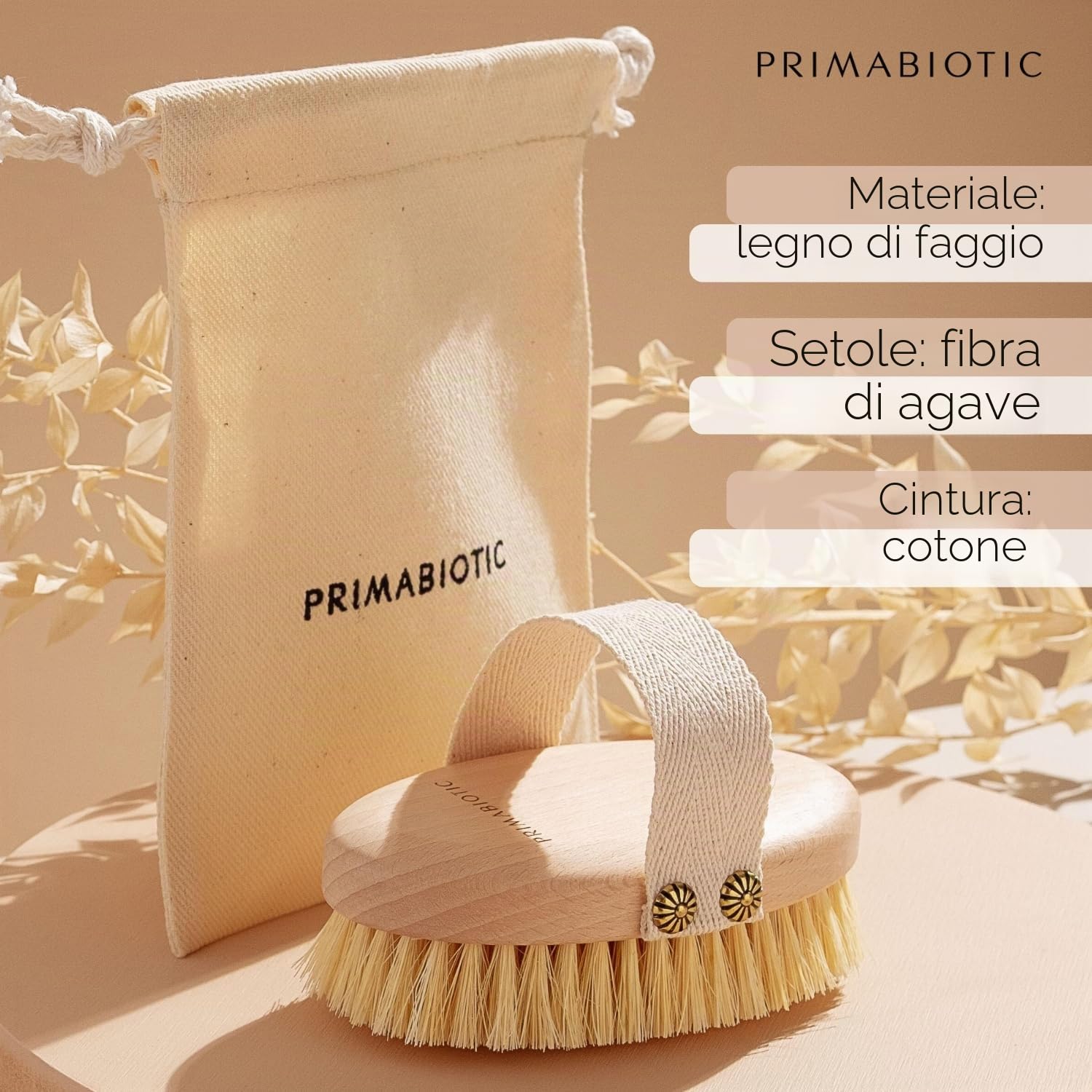 Spazzola per Massaggio Corpo - Primabiotic in Legno di Faggio e Fibre di Agave | Prodotto Ecologico con Custodia | Ideale per Spazzolatura a Secco e Cellulite