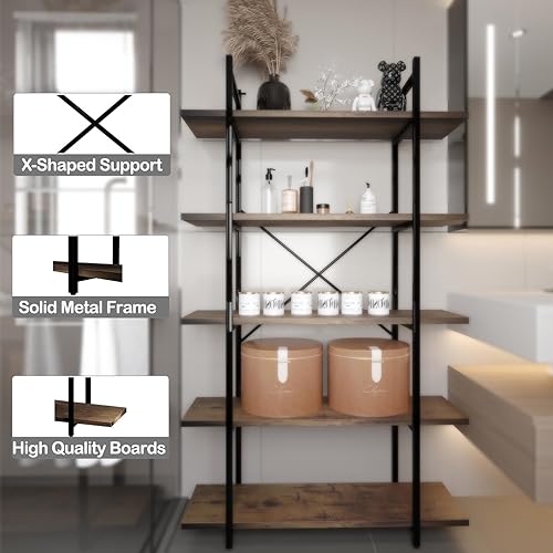 Miniatura 6 de Estantería organizadora industrial de 5 niveles, moderna estantería abierta de almacenamiento, estantería rústica marrón y metálica, estantería alta