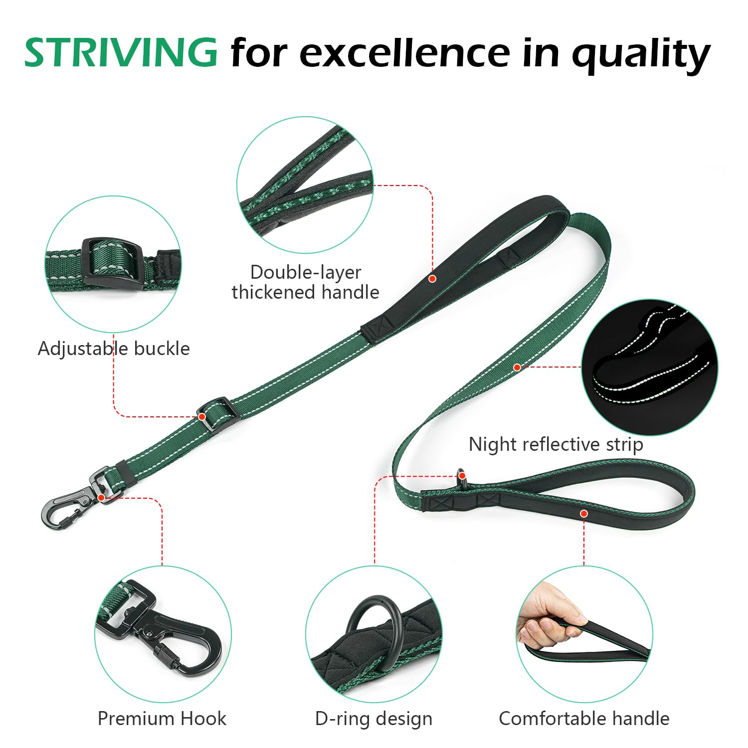 Reflective Double Handle Dog Leash for Large Dogs, Heavy Duty Adjustable Leash with Soft Padded Handles, Traffic Control Training Lead for Walking, Running (Dark Green, L) - 3