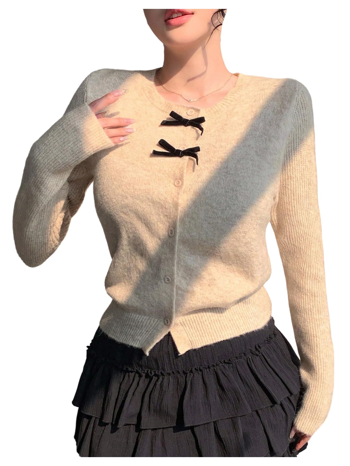 Womens Bowknot Front Button Down Sweaters Crew Neck Cute Cardigans Fall Tops