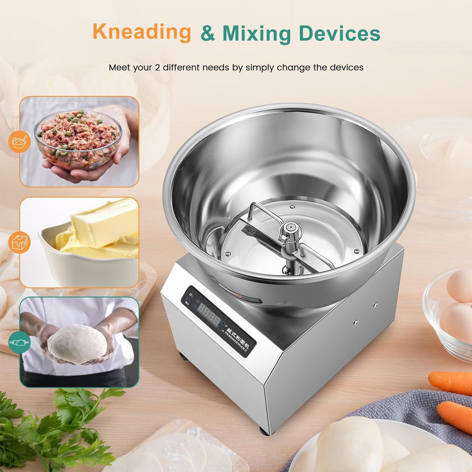 1800W Macchina Impastatrice Rotante, Attrezzatura Da Forno Per Ristorante Pizzeria, Impastatrice Per Pane Con Supporto, Display Del Pannello Di Controllo Lcd, Timer 0-30Min,11.02LBS/5KG