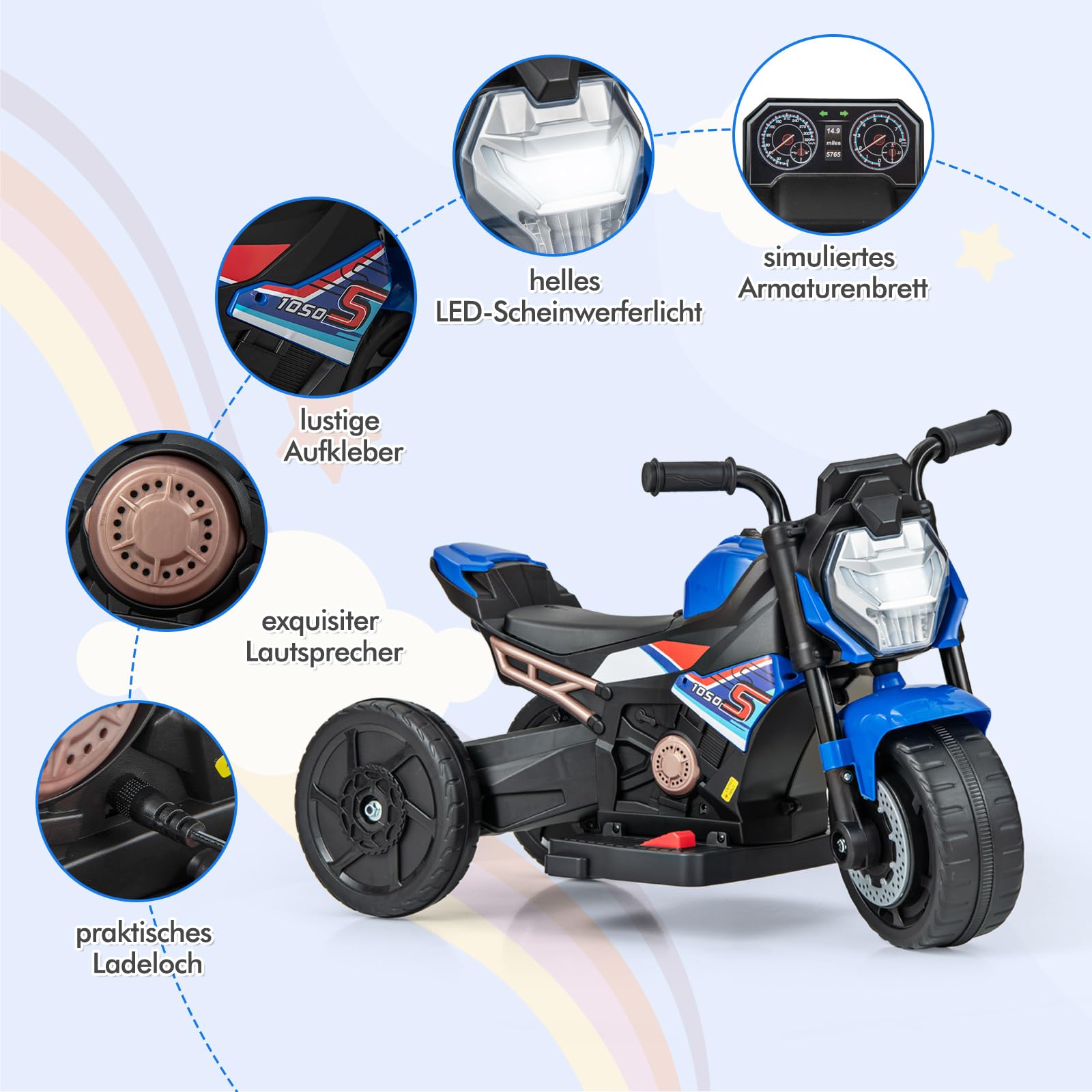 COSTWAY Elektro Motorrad Kinder, Elektromotorrad mit abnehmbaren Stützrädern & Scheinwerfer & Musik & Hupe, 2-3 km/h Motorrad Elektro für Kinder von 18-36 Monaten (Blau)