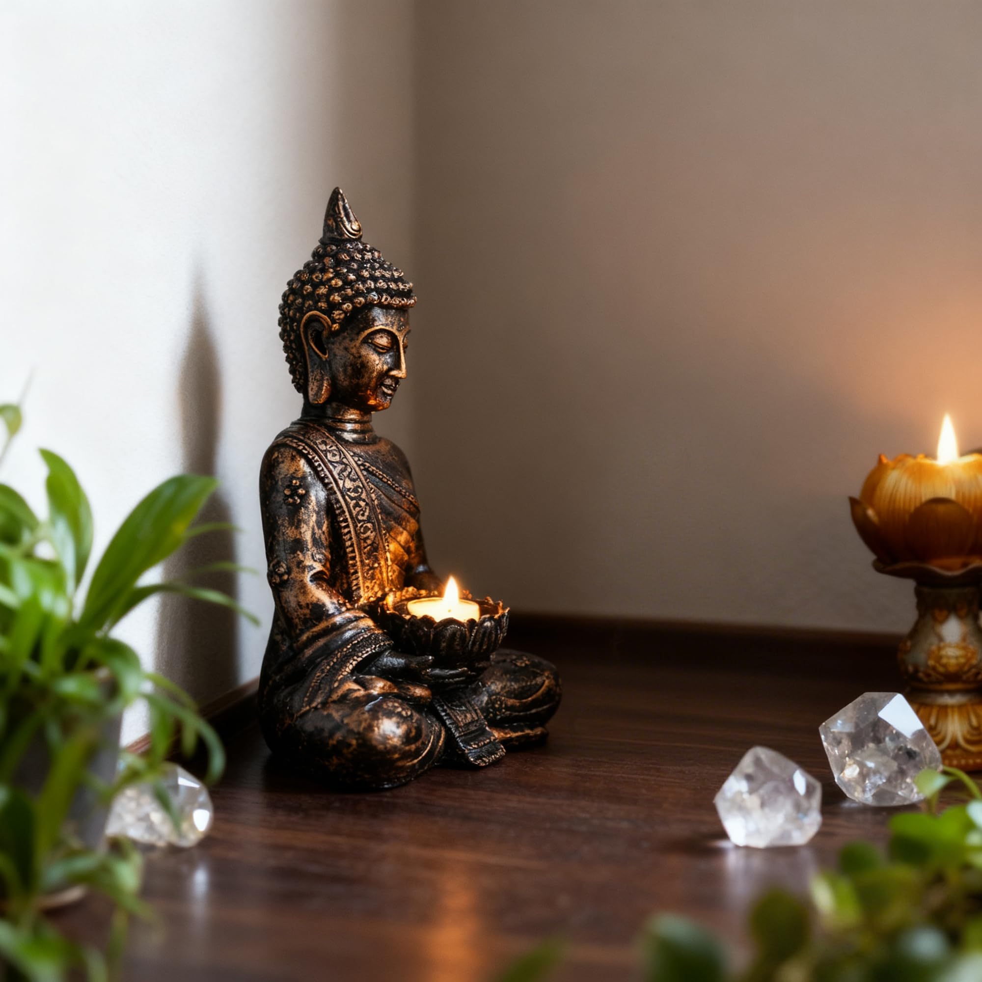 Buda Figurine, Estatua de Buda tailandesa en meditación, estatuilla de Buda sentada con candelabro, Estatua de Buda de poliresina, para Interior y Exterior, Cobre