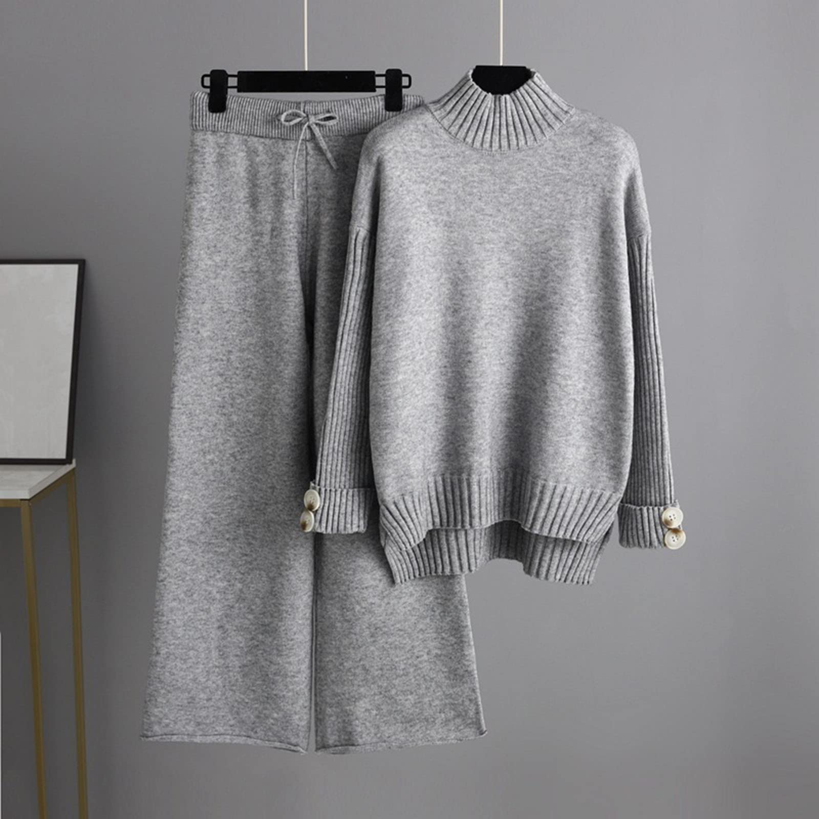 Chándal de mujer elegante conjunto de camiseta y pantalones 2 piezas Curvy conjunto completo de suéter de manga larga Trajes de punto completo a juego Jersey Tops de casa Loungewear Casual Invierno