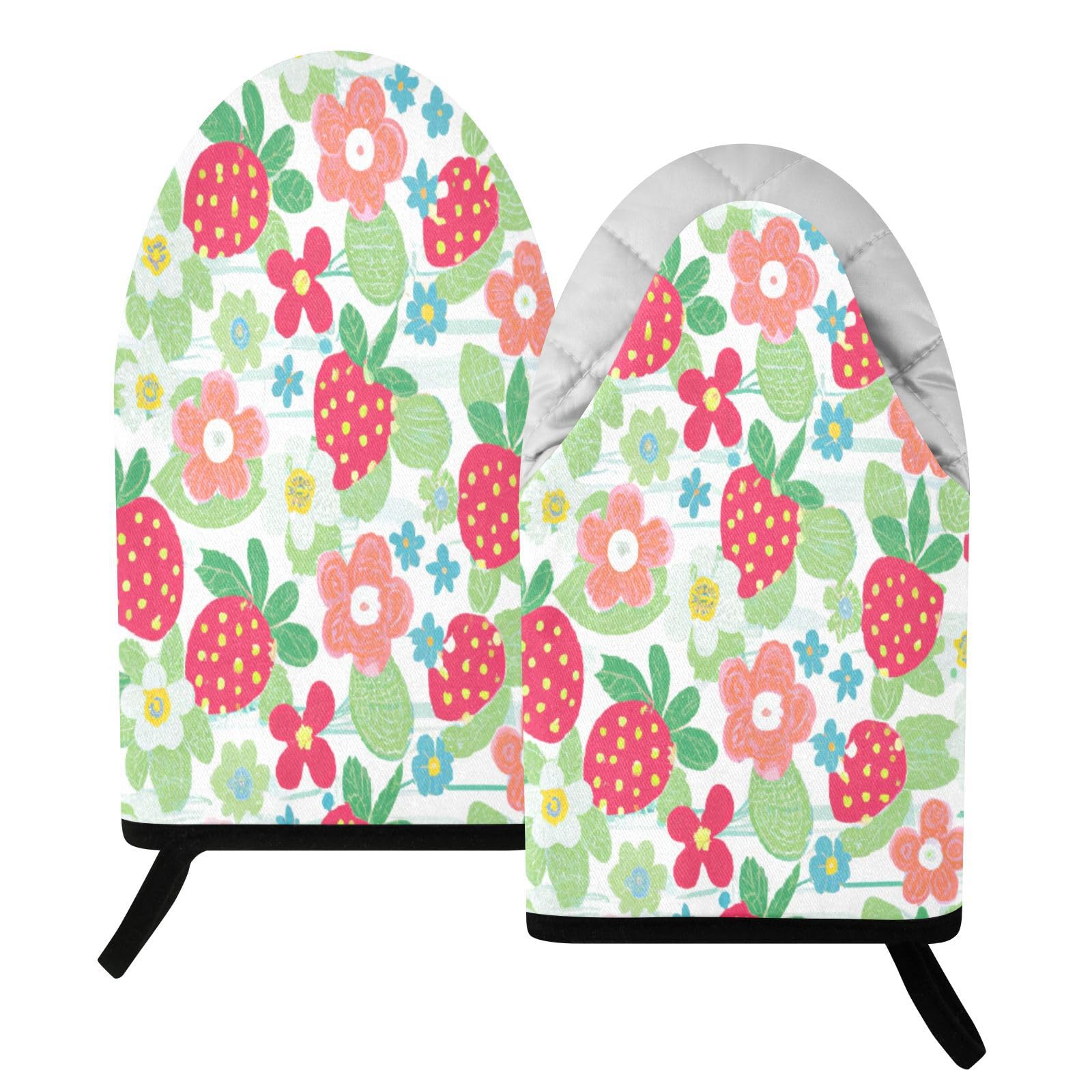 BURSTDDY Strawberry Floral Pattern Oven Mitt,Heat Resistant Kitchen Mitts for Cooking