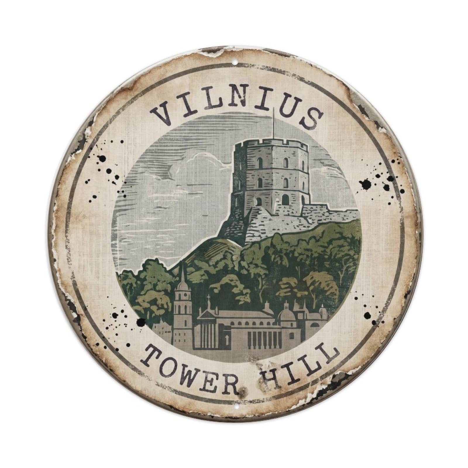 Vintage Travel Tower Vilnius Gediminas Metal Tin Sign Plaque Wall Decor for Cafe, Club Bar, Office, Home Garden Round Metal Poster 8x8Inch