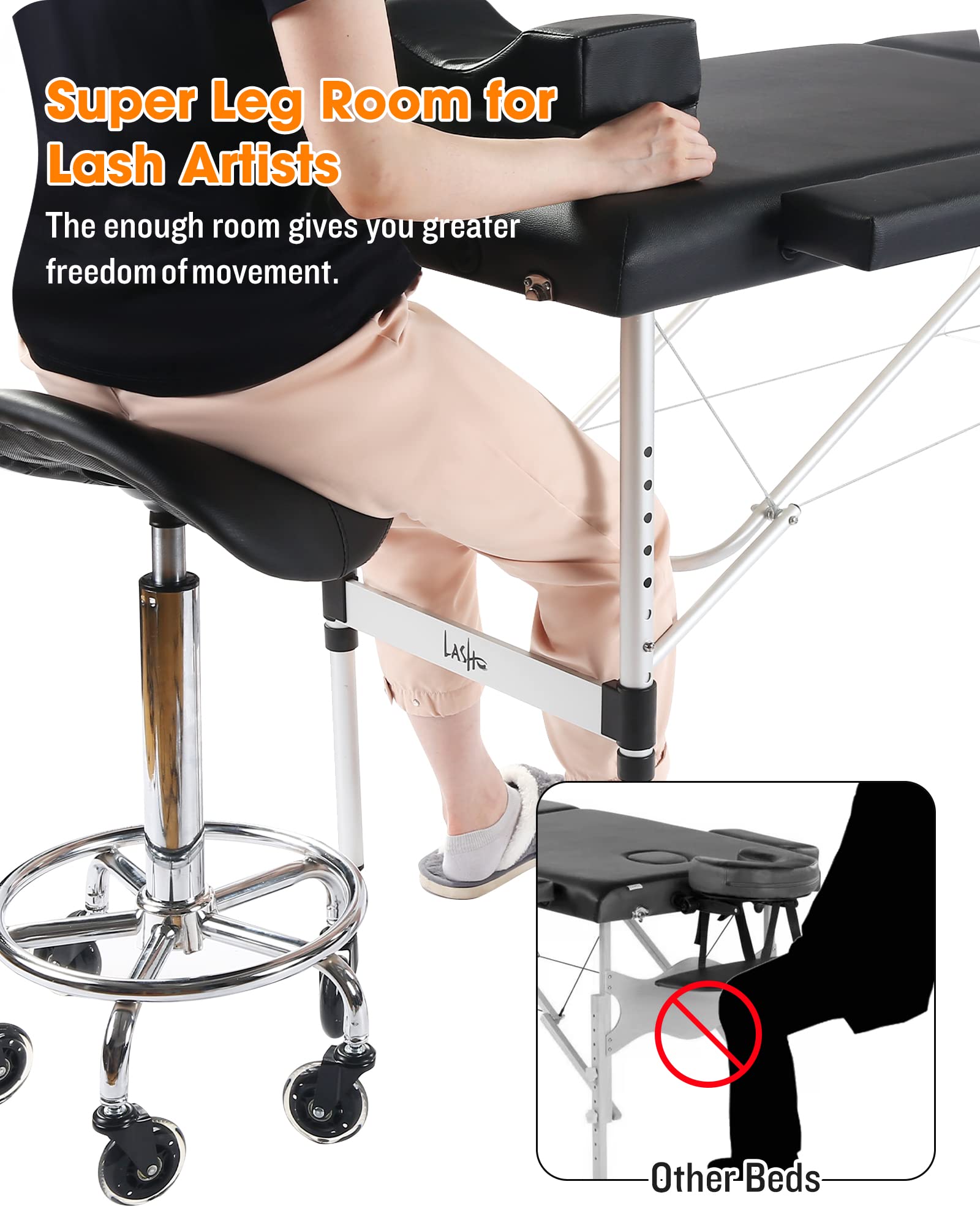 Masajeo Lash Bed for Eyelash Extensions Portable Lash Extension Bed Massage Table with Eyelash Pillow Salon Table Spa Table Spa Bed Height Adjustable Waterproof Easy Set up Aluminum Frame Black