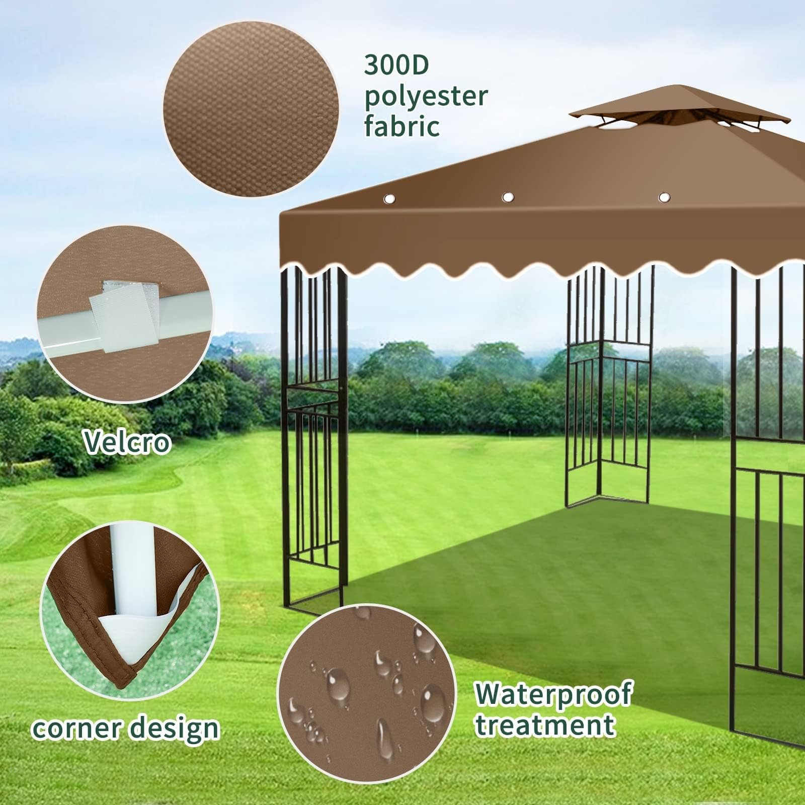 Gazebo Replacement Cover 3x3 m, 300D Polyester Waterproof Canopy Top with PA Coating - Image 2