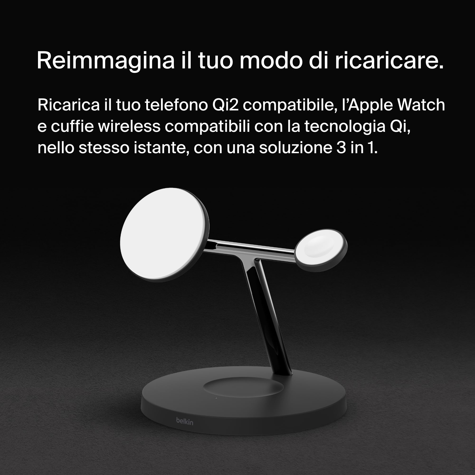 Belkin BoostCharge Pro Caricatore da scrivania 3 in 1 con ricarica wireless 15 W Qi2 per iPhone 15, 14, 13, 12, Apple Watch e AirPods, stazione di ricarica magnetica compatibile con MagSafe, nero
