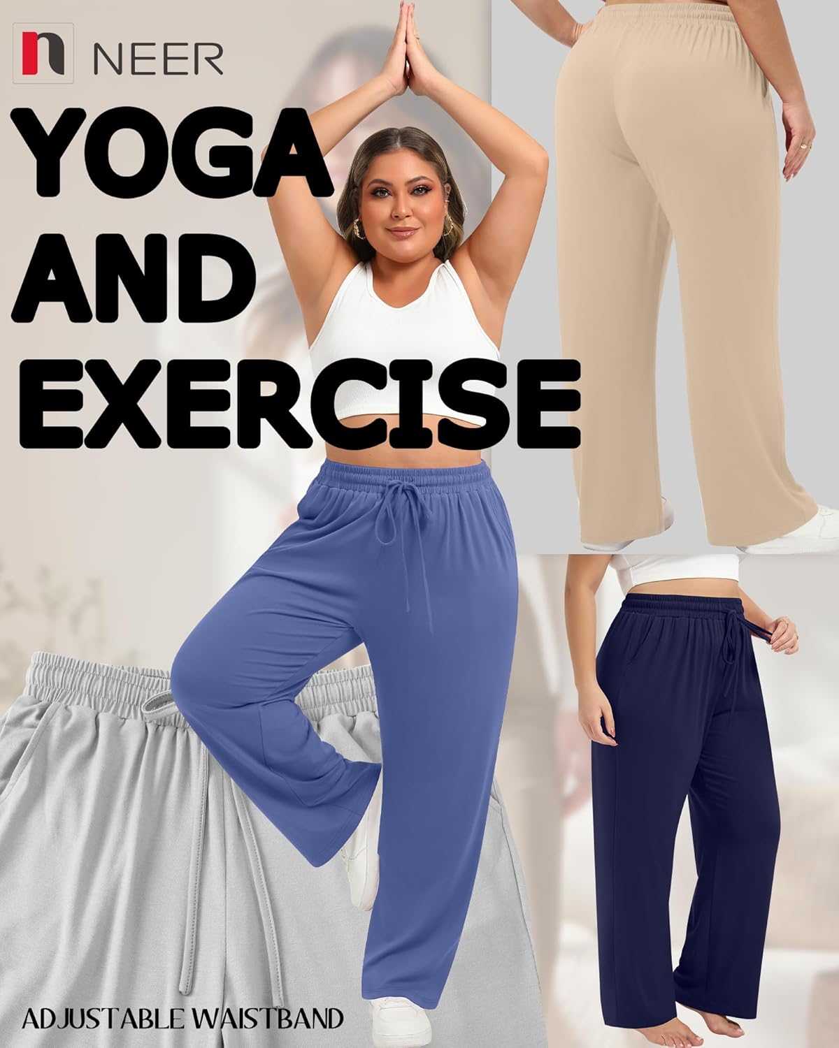 Neer 4 Pack Women's Plus Size Sweatpants Wide Leg Elastic Waist Lounge Yoga Pants Loose Fit Drawstring Jogger with Pockets