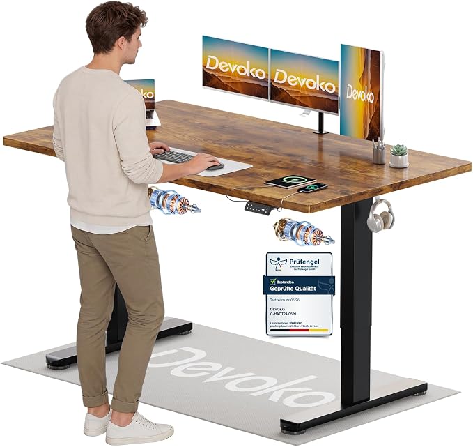Devoko Höhenverstellbarer Schreibtisch mit 2 Motoren, 25mm Einteilige Tischplatte, 160x80 cm Elektrisch Computertisch mit Kabel Management, Vintagebraun – Perfekte Ergonomie für Dein Büro