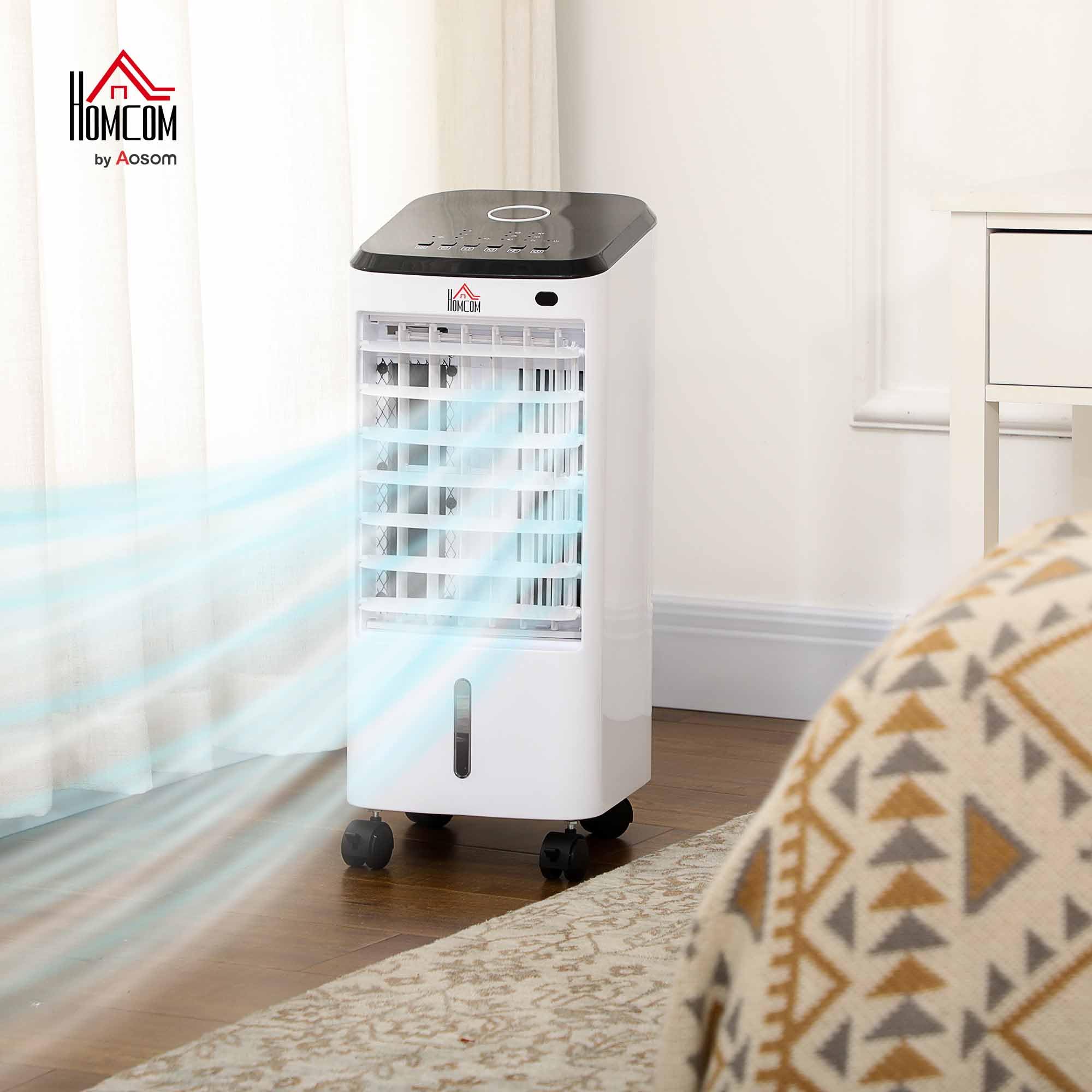 HOMCOM Refroidisseur d'air ventilateur humidificateur 3 en 1 sur roulettes télécommande 3 modes 3 vitesses minuterie et oscillant réservoir 3,5L avec 2 blocs réfrigérants blanc