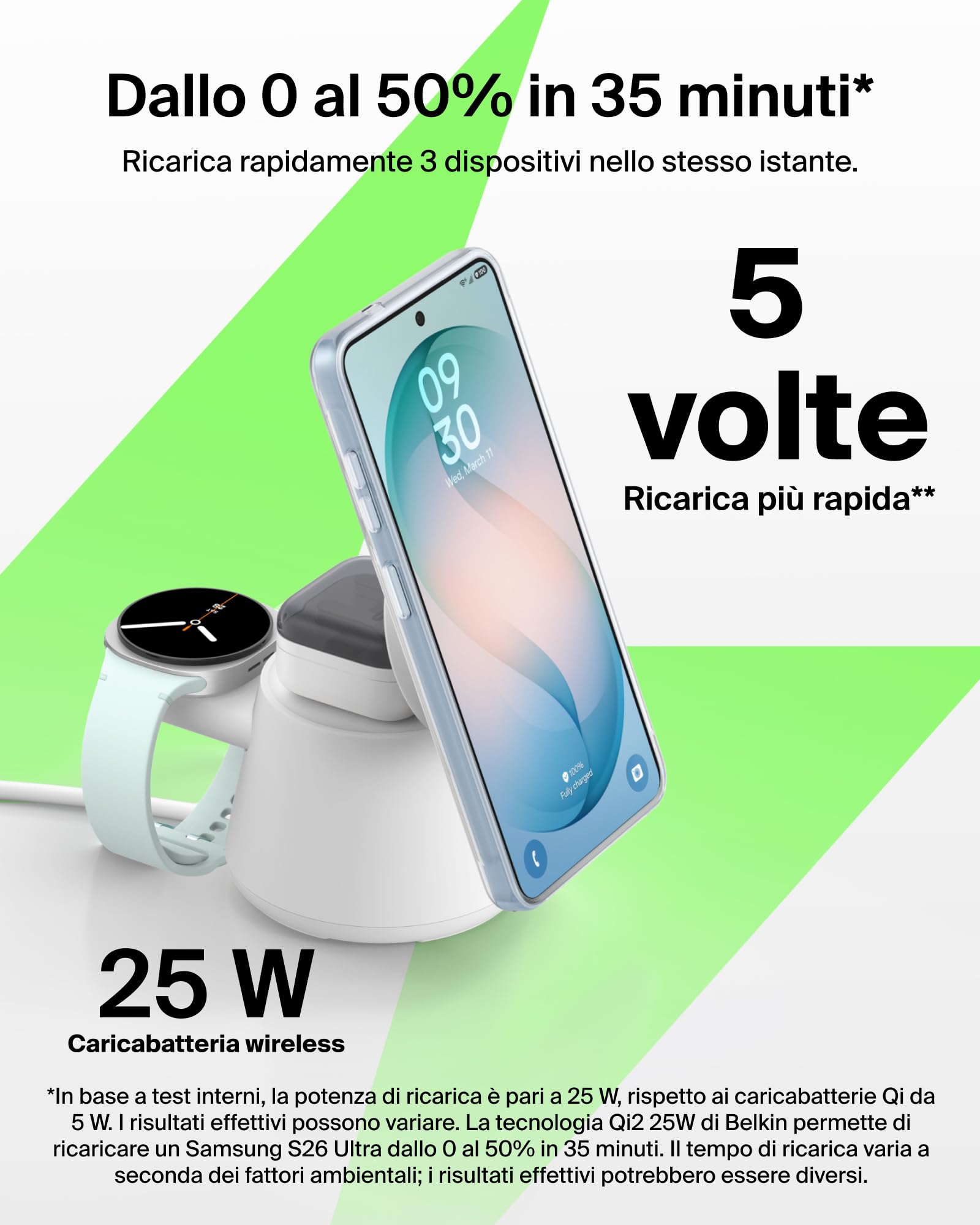 Belkin UltraCharge Caricatore Wireless Qi2 25W 3 in 1 - Nero | Caricatore Magnetico Certificato Qi2.2, USB C, Ricarica Wireless per iPhone, Galaxy, Auricolari, Smartwatch, Alimentatore 45W