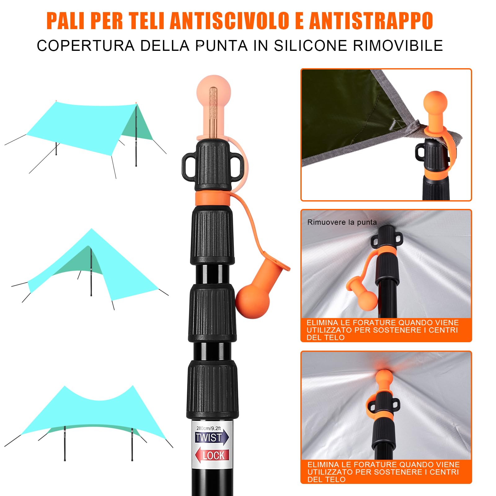 Pali per tenda, CAMULAND Set di 2 Pali per Tenda Heavy Duty, 34,5 "- 110,2" pali per tenda in alluminio per tenda regolabili (nero)