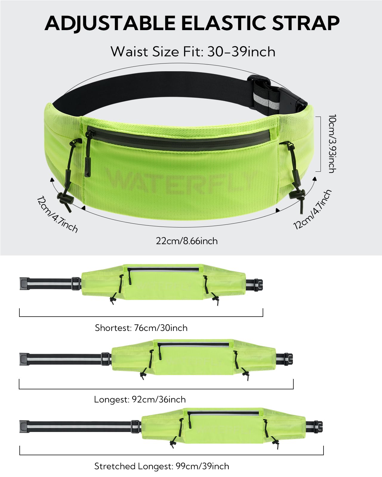 WATERFLY Pas do biegania dla mężczyzn i kobiet pas do biegania, Żółty, 44.96 cm, Smukły pasek do biegania | Z klipsem na szelkę Triathlon, talia 76-99 cm, dla smartfonów do 7 cali, nadaje się do uprawiania sportu, na spacery
