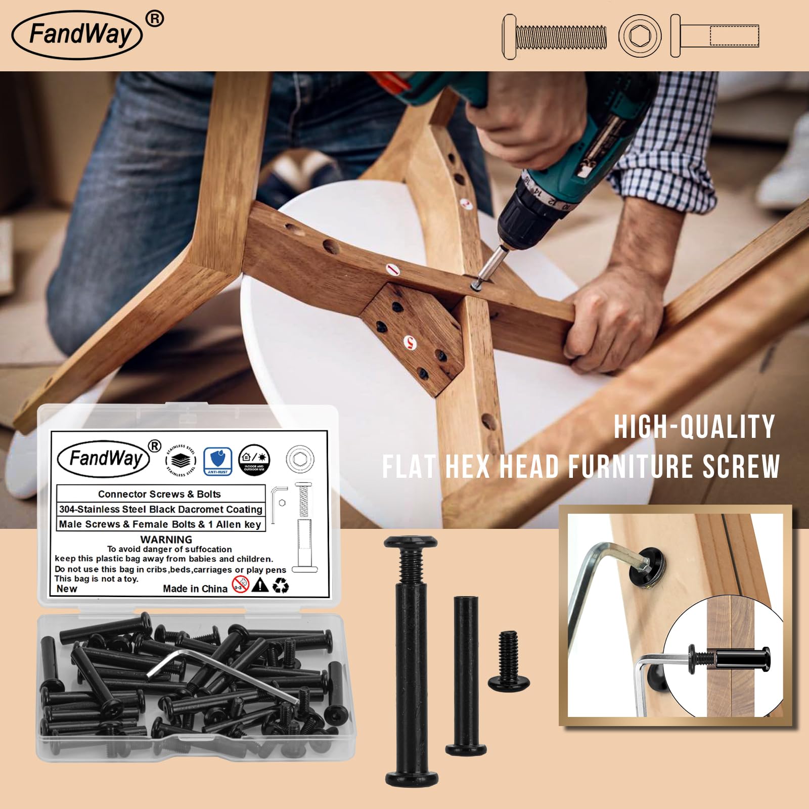 FandWay M6x40mm Connector Bolts 20 Set Furniture Connecting Screws,304 Stainless Steel Black Finish Binding Screws,Cabinet Furniture Bolts Sleeve Nuts With Allen Key For Bed Table Chair Worktop - Image 2