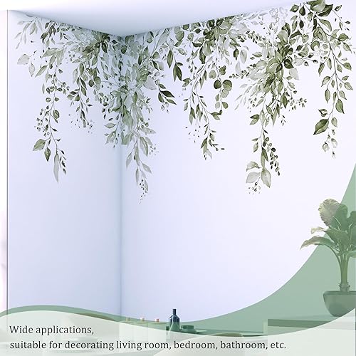 Miniatura 4 de VePret Calcomanías de pared de hojas de plantas verde oliva, despegar y pegar, calcomanías de pared de vinilo de hojas de flores grandes, vid