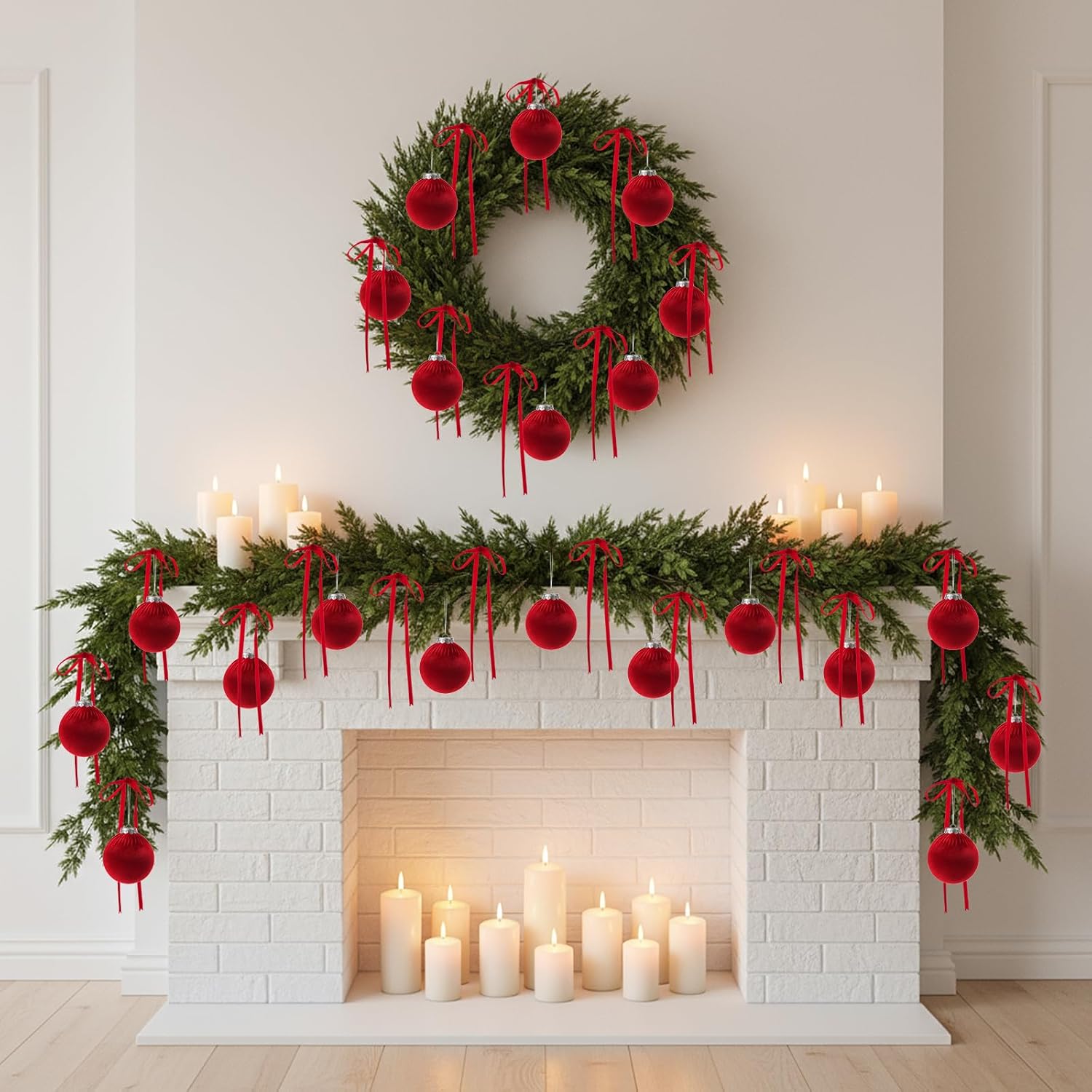 Riceshoot 45 Pcs 3.15 Inch Velvet Christmas Tree Ornaments Set Include 15 Christmas Balls and 30 Vintage Bows Hanging Ornaments for Xmas Tree Door Garland Holiday Anniversary Party (Red)