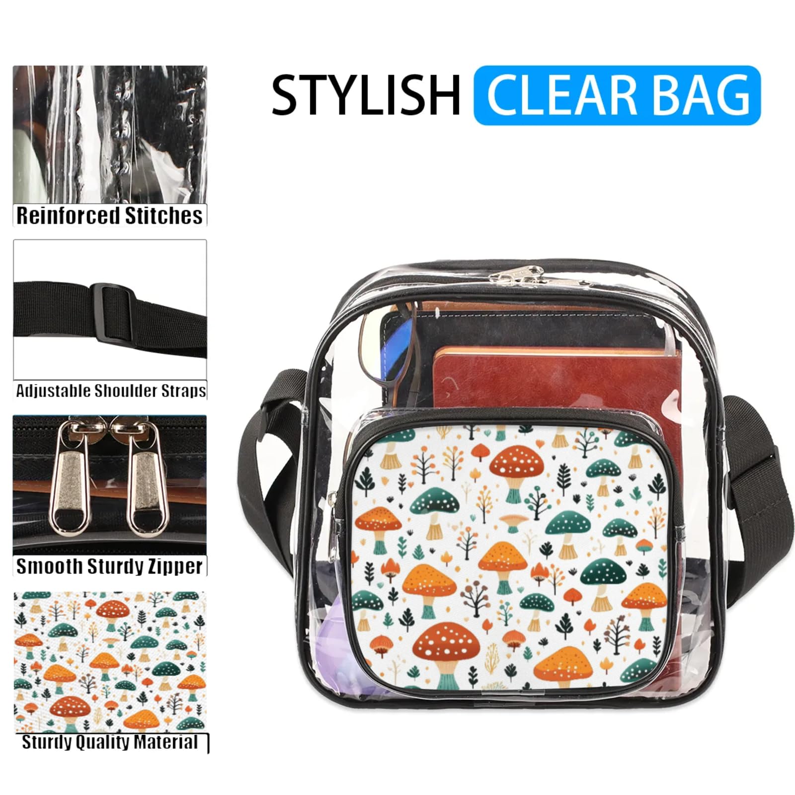 Clear Crossbody Bag Stadium Approved Mushrooms Transparent Bag for Festivals, Sports Events, Concerts,Beach Bag for Women Men Clear Purse with Front Pocket Messenger Bag with Adjustable Strap