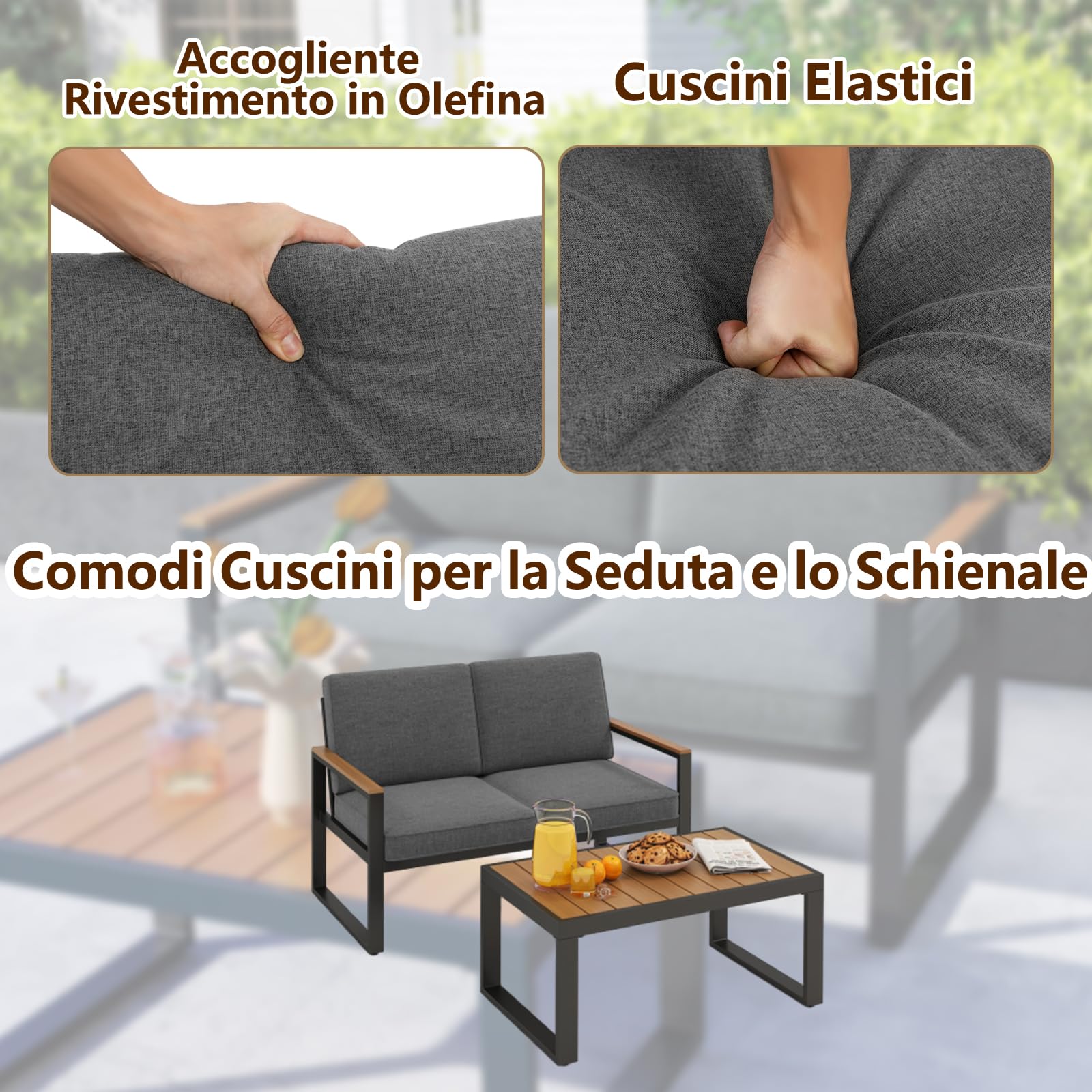 RELAX4LIFE Tavolo da Giardino con Sedie, Tavolo da Esterno con Divano a 2 Posti, Panca da Giardino con Tavolino in Alluminio con Cuscini e Braccioli, per Interno, Cortile e Terrazza, 124×72×75cm