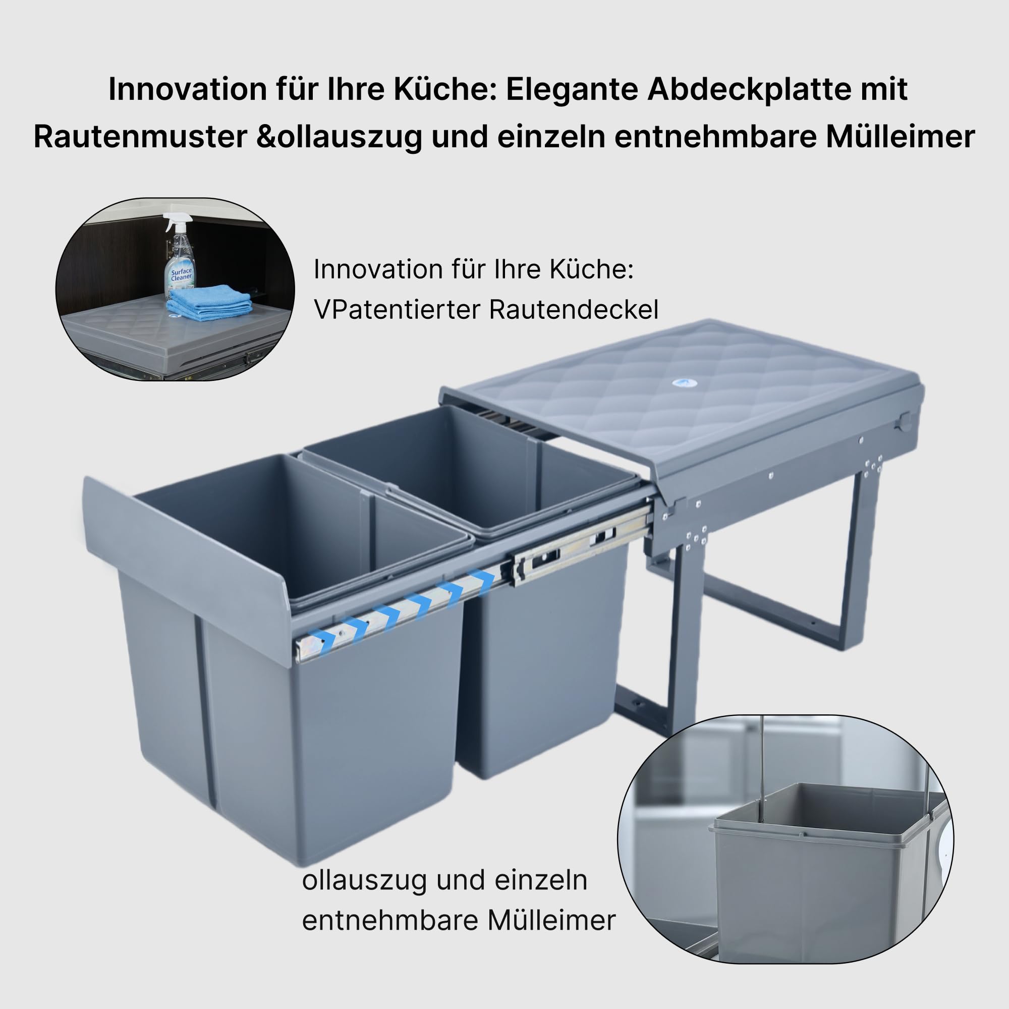 Einbaumülleimer Küche 2 Fächer (20L+10L) 48x33x35cm Mülleimer Grau | Mülltrennsystem für schmale Schränke, 5-Punkt-Verstärkung, ausziehbarer Unterschrank-Mülleimer, Abnehmbarer Deckel