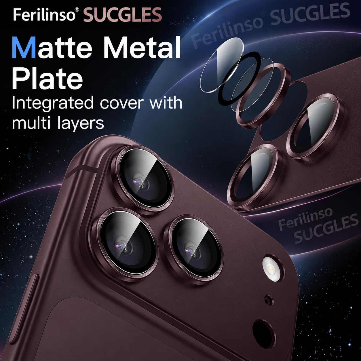 Ferilinso SUCGLES Camera Lens Protector for iPhone 18 Pro Max, 1-Pack, Dark Cherry Full Coverage 9H+ Tempered Glass, Matte Metal Plate, AR Coating, Scratch Resistant, Case Friendly — Amazon image 3