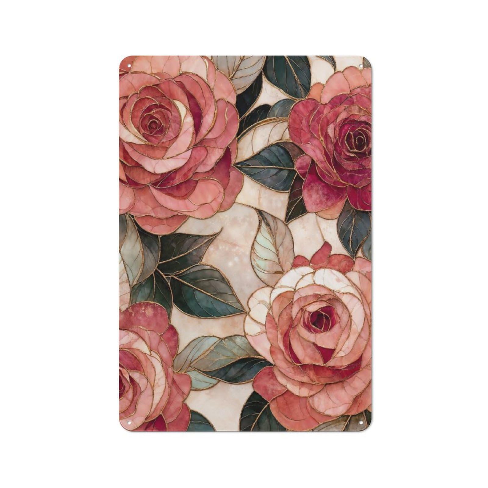 Junmoney Style-12 Stained Glass Roses And Leaves Printed Metal Sign 30X20cm For Lounge Or Reading Corner, A Winter Wall Decor Update For Reading Corner Decorators