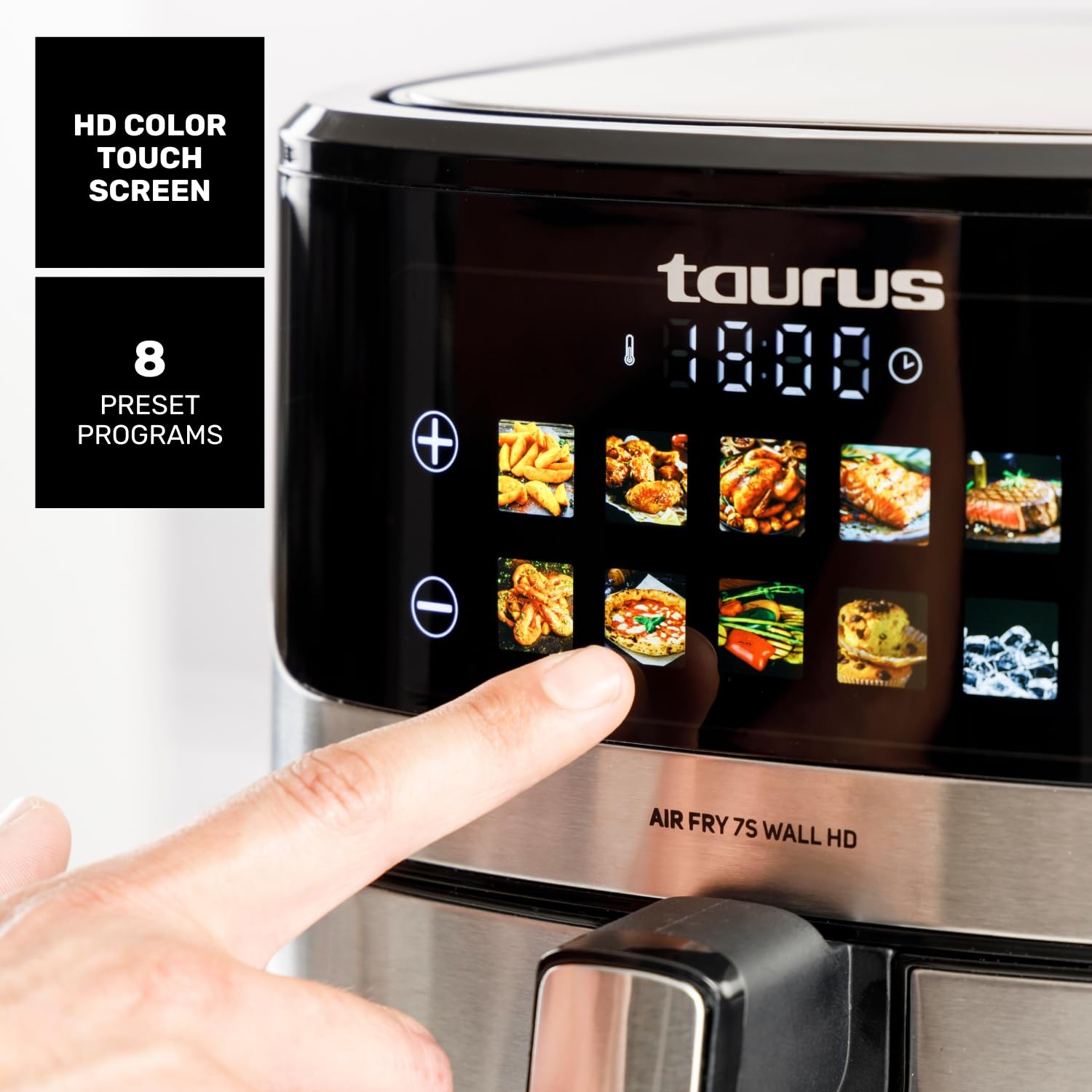 Taurus – Freidora sin Aceite Air Fryer Digital 7S Wall HD, 6,5L, 8 programas, Cocción Uniforme, Pantalla HD, Accesorio Wall, Temperatura Ajustable, Libre BPA y PFOA, Mango frío al Tacto.