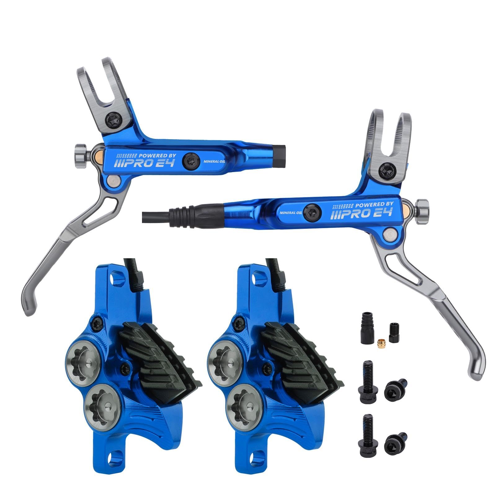MEROCA IIIPRO E4 Hydraulic Disc Brake Set - 4-Piston MTB Brakes, 641N Braking Force, TUV Certified, Lightweight 475g, for Mountain/E-Bike/Folding Bicycles (Blue, Left Rear Right Front)