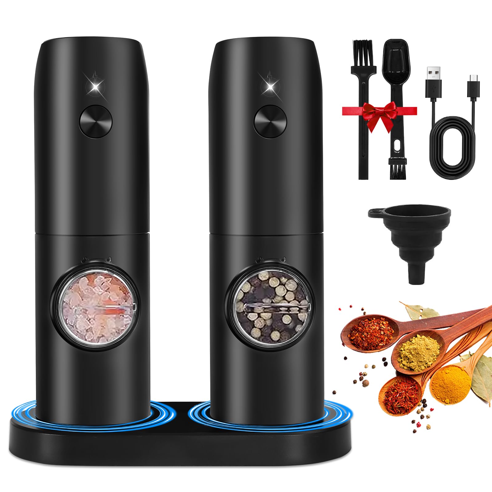 UCAMP Moulin à Sel et Poivre Électrique, Base Rechargeable, Grossièreté Réglable, Lampe LED