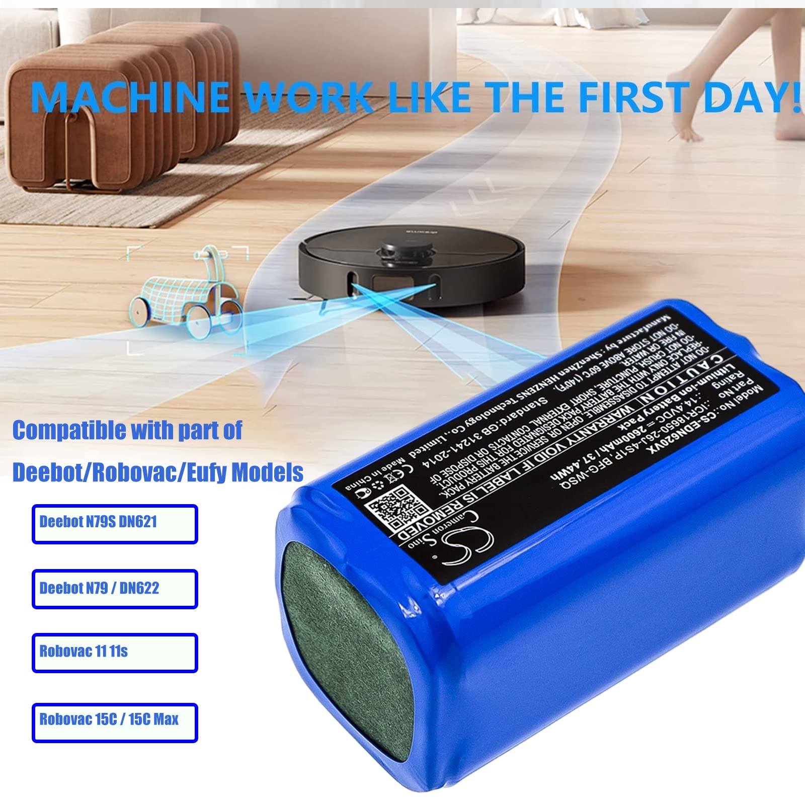 Batteria Li-Ion 2600mAh 14,8V Per Aspirapolvere Robot Ecovacs Deebot N79S, Proscenic 850T E Eufy RoboVac - Sostituta ICR18650 - 5