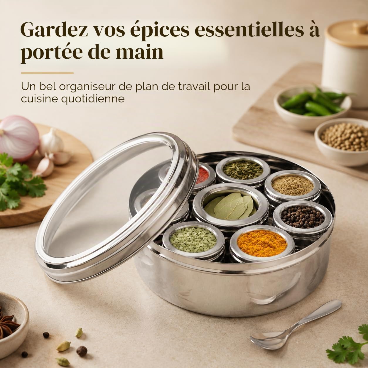 Masala Dabba Boîte à épices indienne Couvercle transpertant 9 compartiments avec couvercles individuels en acier inoxydable de qualité alimentaire avec 2 cuillères de service (22 cm, couvercle